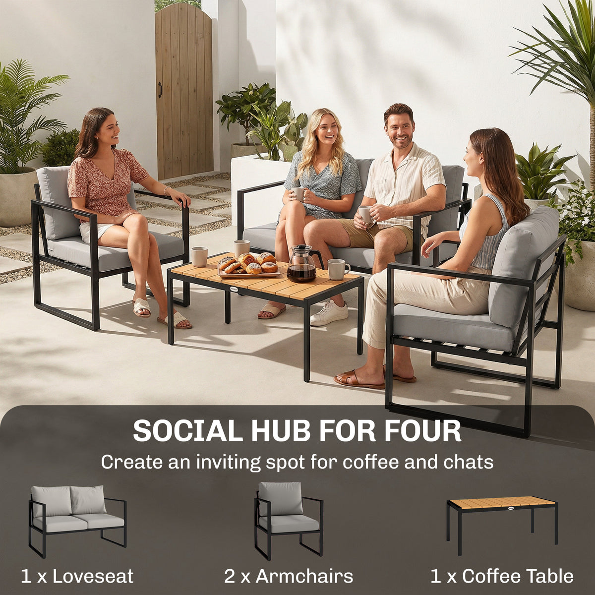 Outsunny Outdoor Garden Furniture Set, 4 Piece Patio Furniture with Slatted Table, Indoor Outdoor Balcony Patio Conservatory Set
