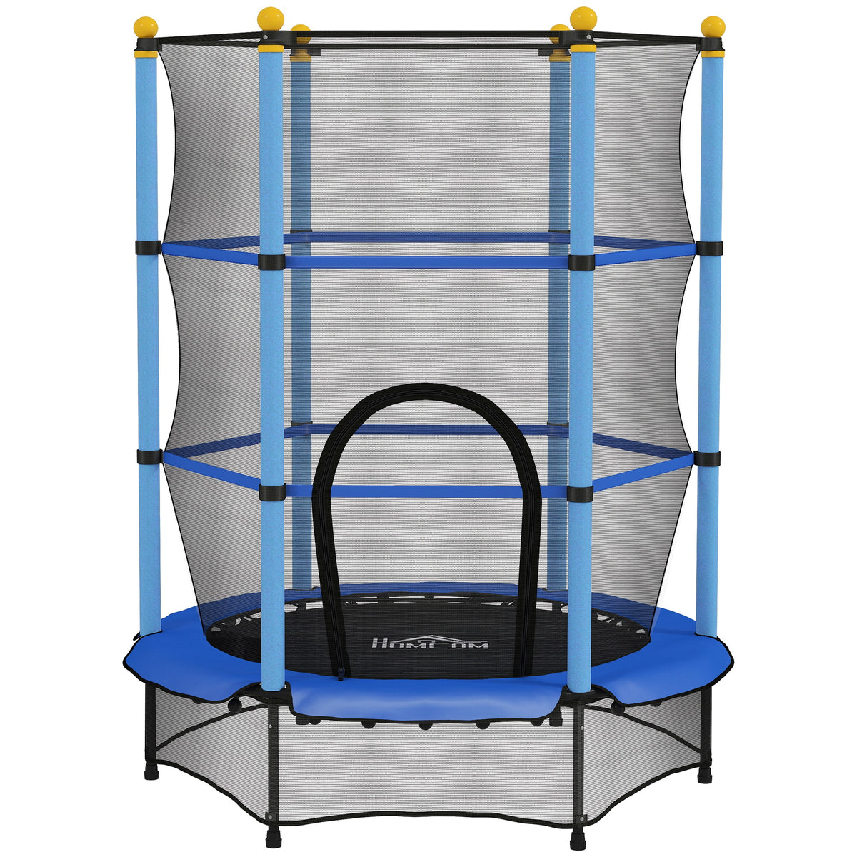 Blue kids trampoline with tall mesh enclosure, padded poles, entry flap, and bottom safety net
