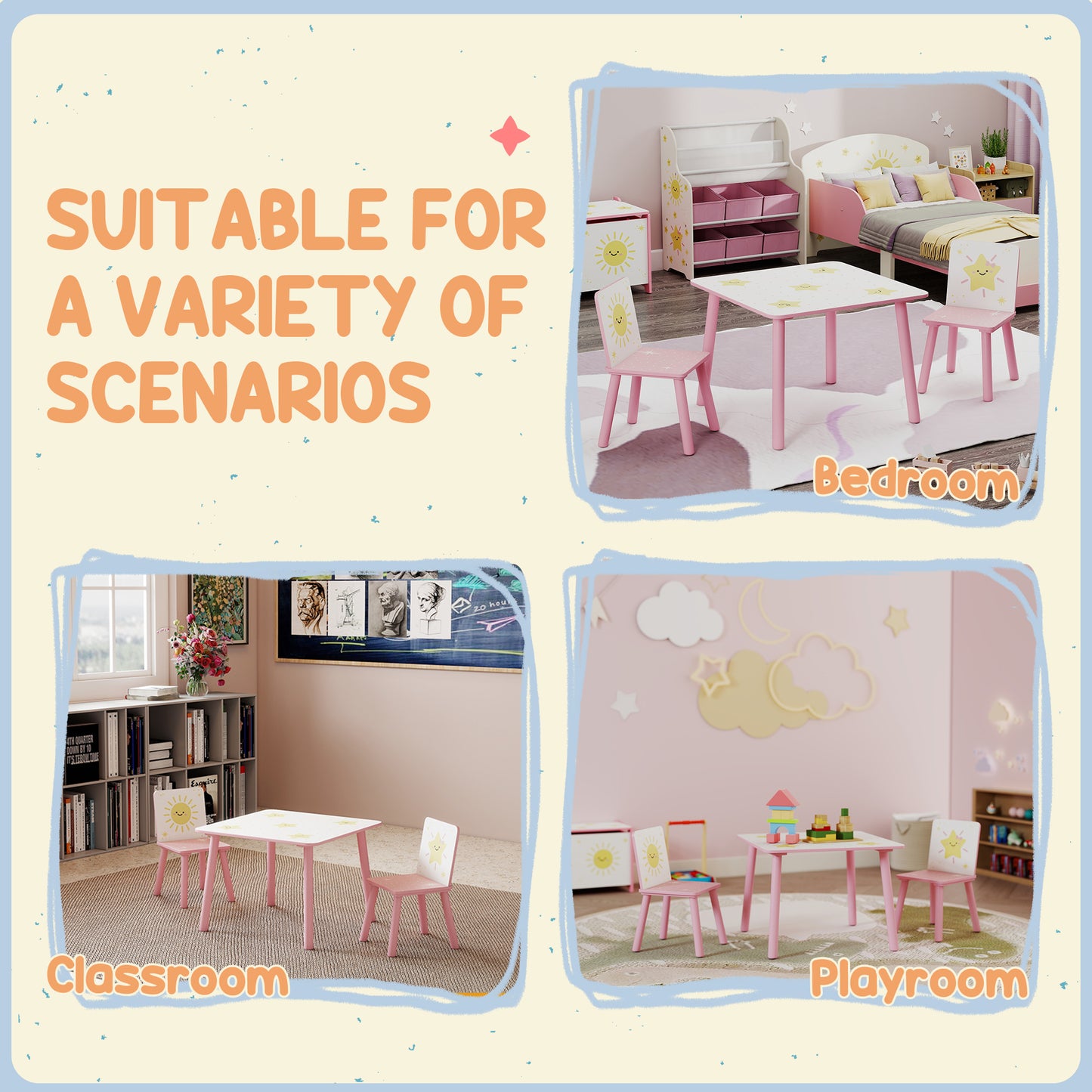 AIYAPLAY 3-Piece Toddler Table and Chair Set, Kids Table with 2 Chairs Set for Bedroom, Nursery, Playroom, Pink