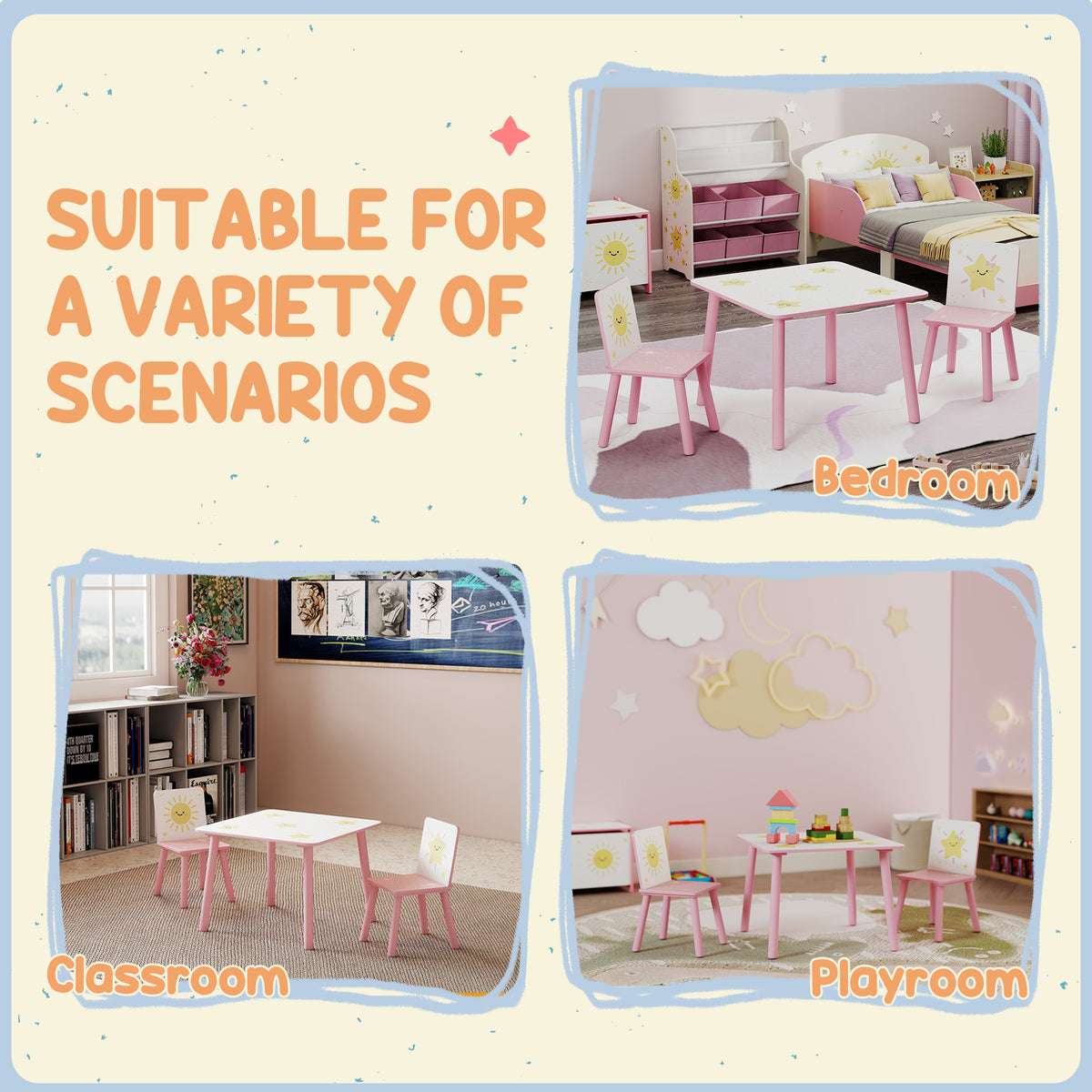 AIYAPLAY 3-Piece Toddler Table and Chair Set, Kids Table with 2 Chairs Set for Bedroom, Nursery, Playroom, Pink