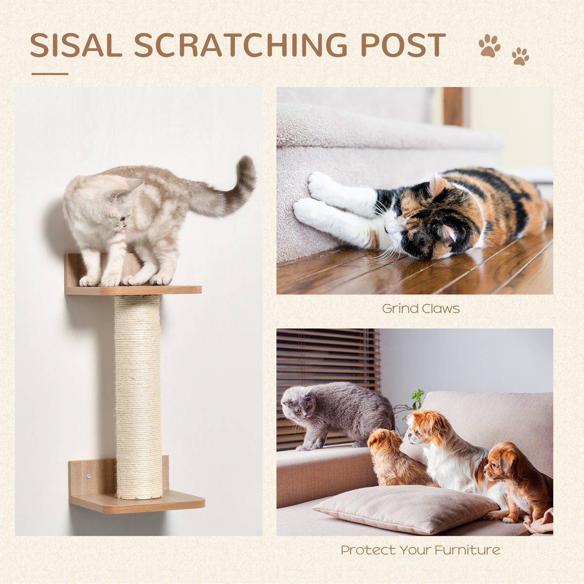 Wall-mounted sisal scratching post with wooden top and base platform