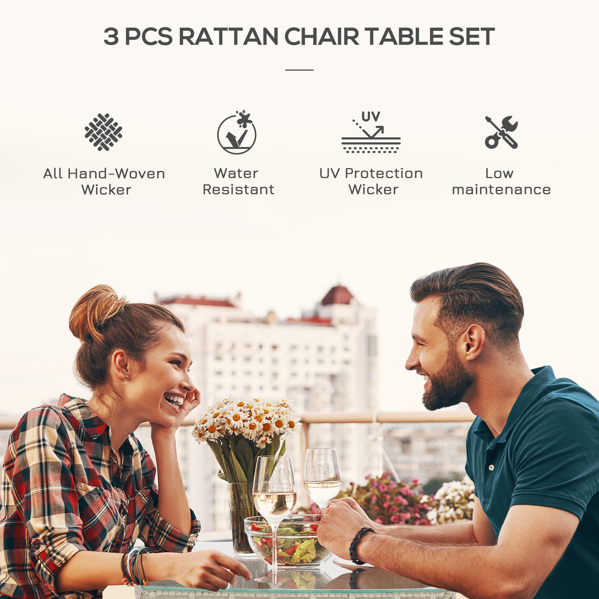 Rattan bistro set feature panel with hand-woven wicker and water-resistance icons