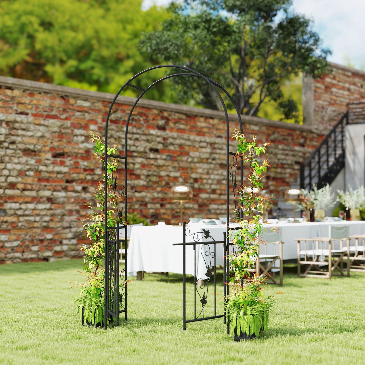 Outsunny 2.17m Steel Garden Arch with Gate, Wedding Arch for Outdoor, Garden, 107W x 45D x 217H cm Black