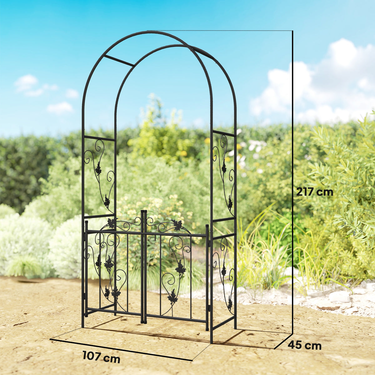 Outsunny black steel garden arch with gate, shown with dimensions of 107 by 45 by 217 cm
