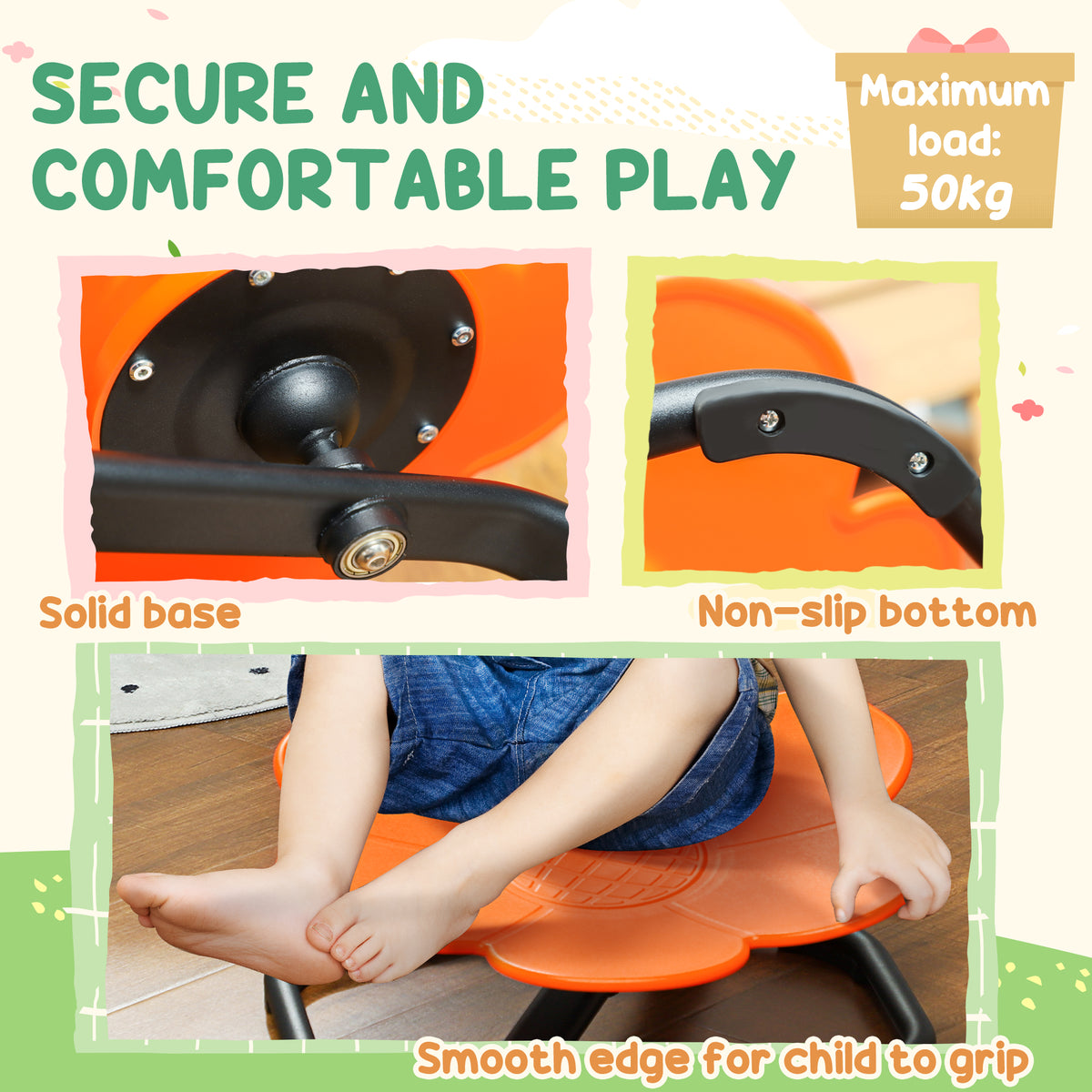Orange sensory spinning chair with sturdy base, nonslip feet, and smooth seat edges