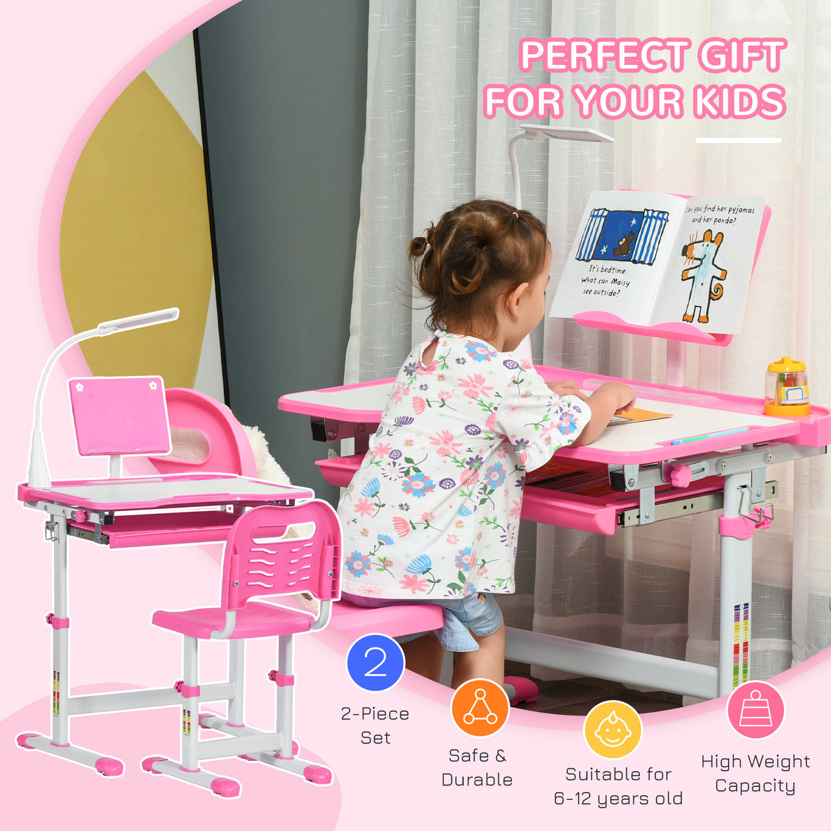 Pink kids' desk and chair set shown in use, with reading board and adjustable lamp