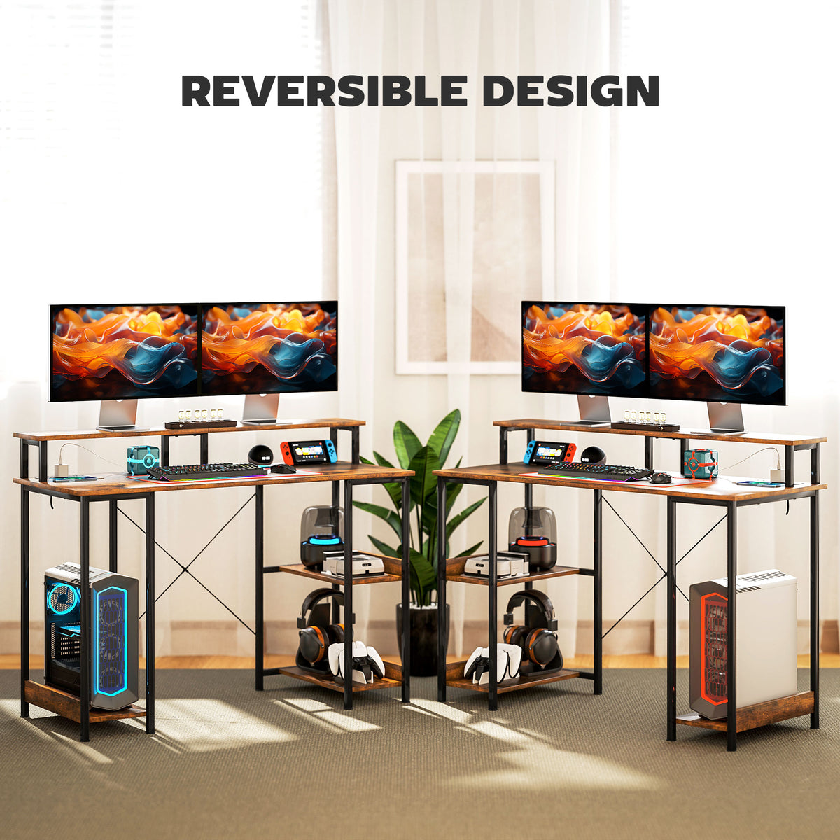 Reversible computer desk setup with raised monitor shelf and side storage