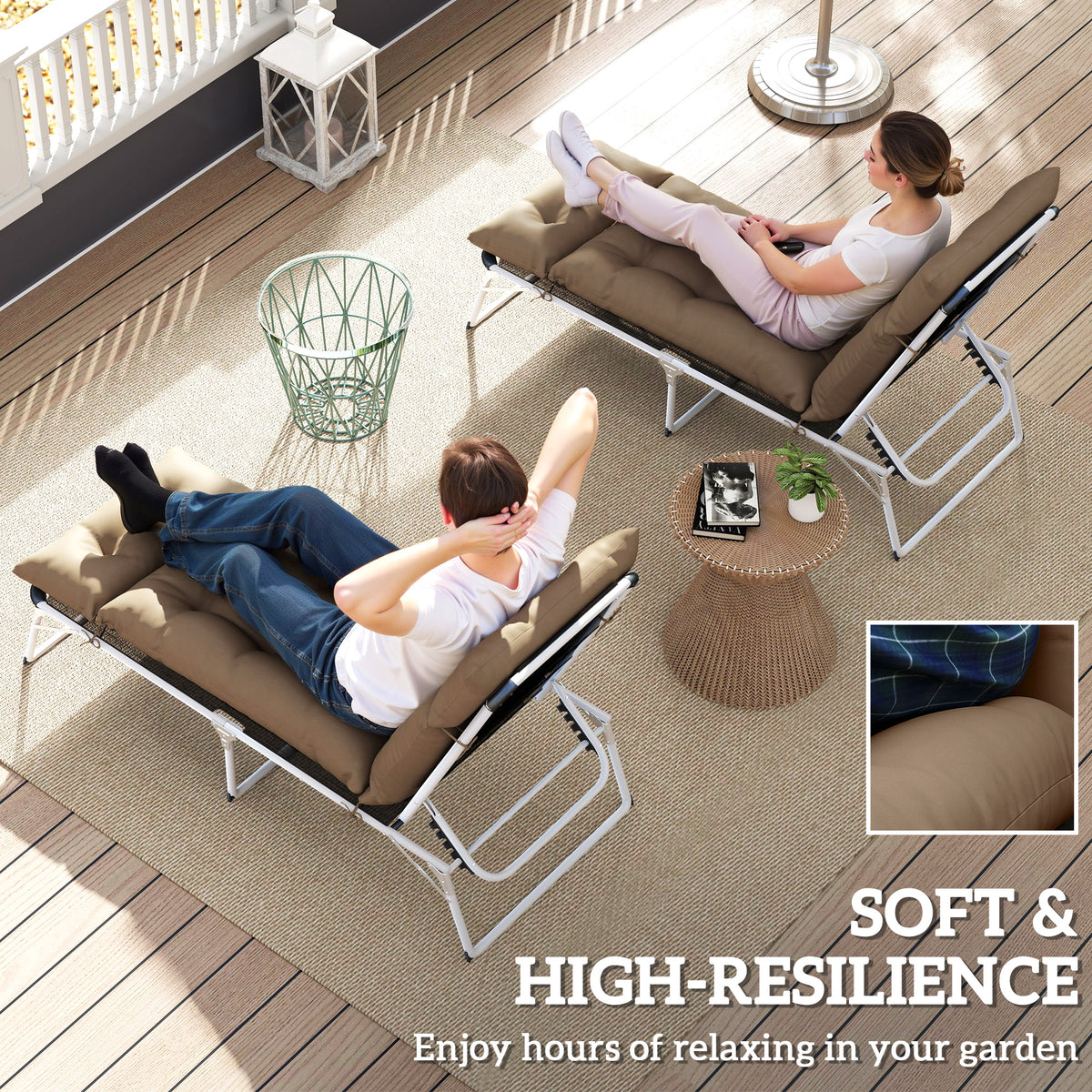 Khaki sun lounger cushions showing their padded, resilient support