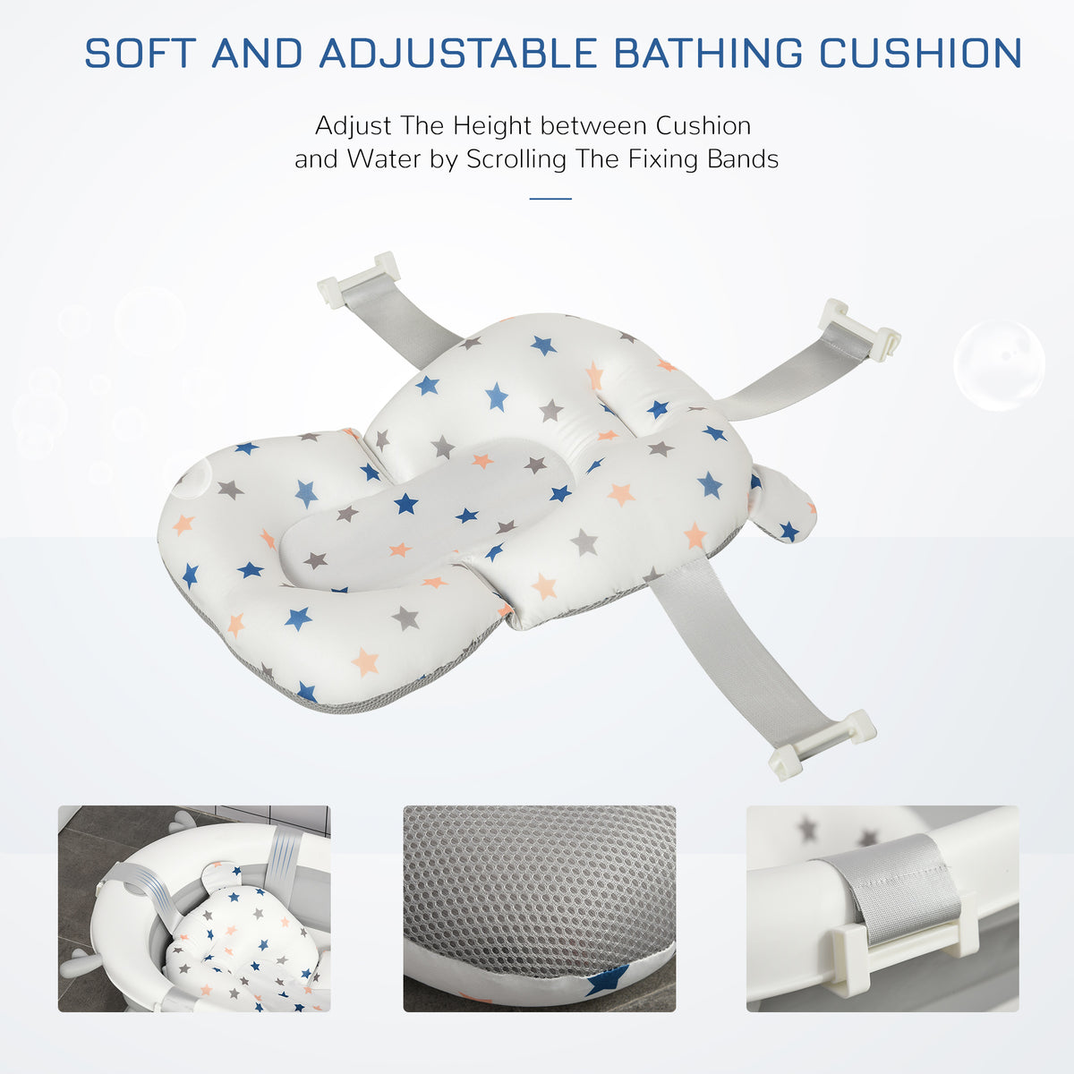 Star-print baby bathing cushion with adjustable gray straps and textured underside