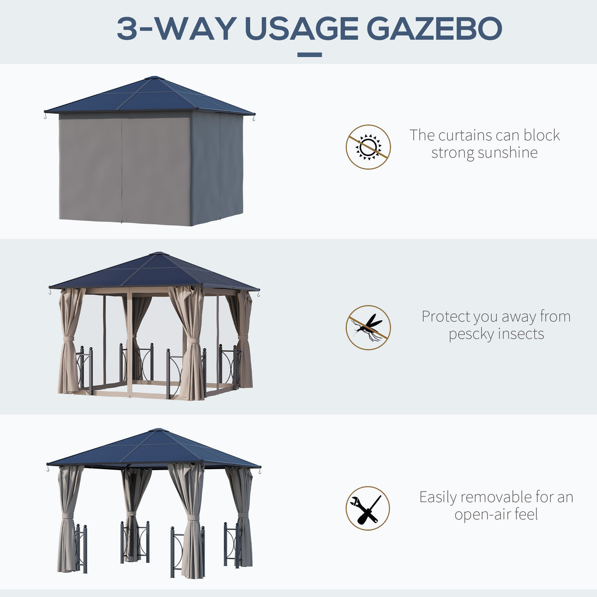 Hardtop gazebo shown with curtains closed, tied open, and removed