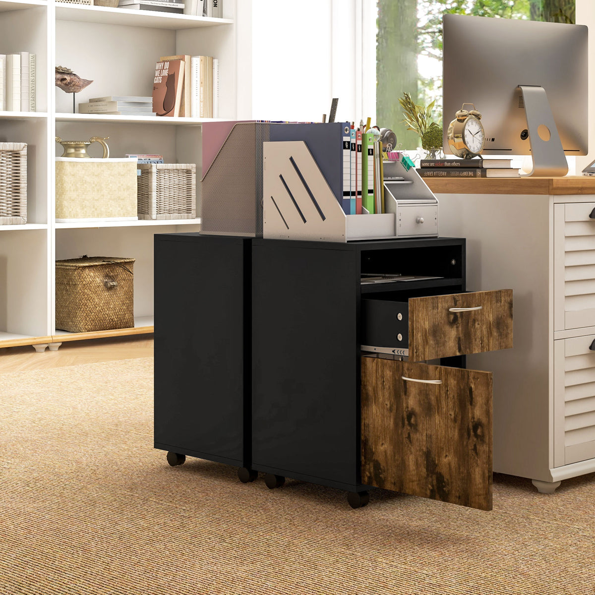 HOMCOM Filing Cabinet, Mobile File Cabinet with 2 Lockable Drawers, Office Home Organiser on Wheels for A4, Letter-Size File Folders, Mobile Printer with Open Shelf, Rustic Brown