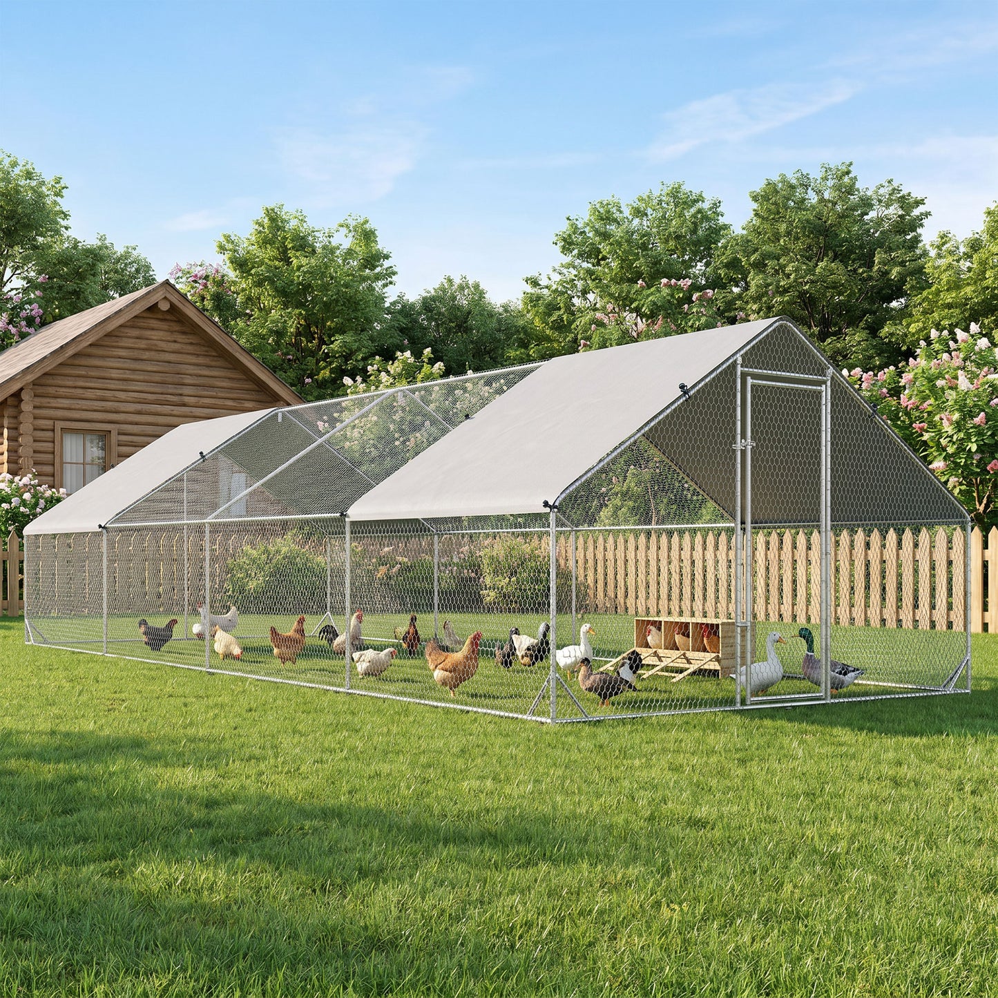 PawHut Chicken Run Galvanised Walk-in Chicken Coop Hen Poultry House Cage Rabbit Hutch with Water-Resist Cover, 3 x 8 x 2m