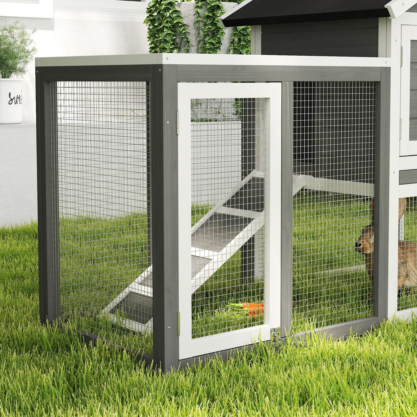 Rabbit hutch run with white-framed mesh door, interior ramp and grey wooden panels