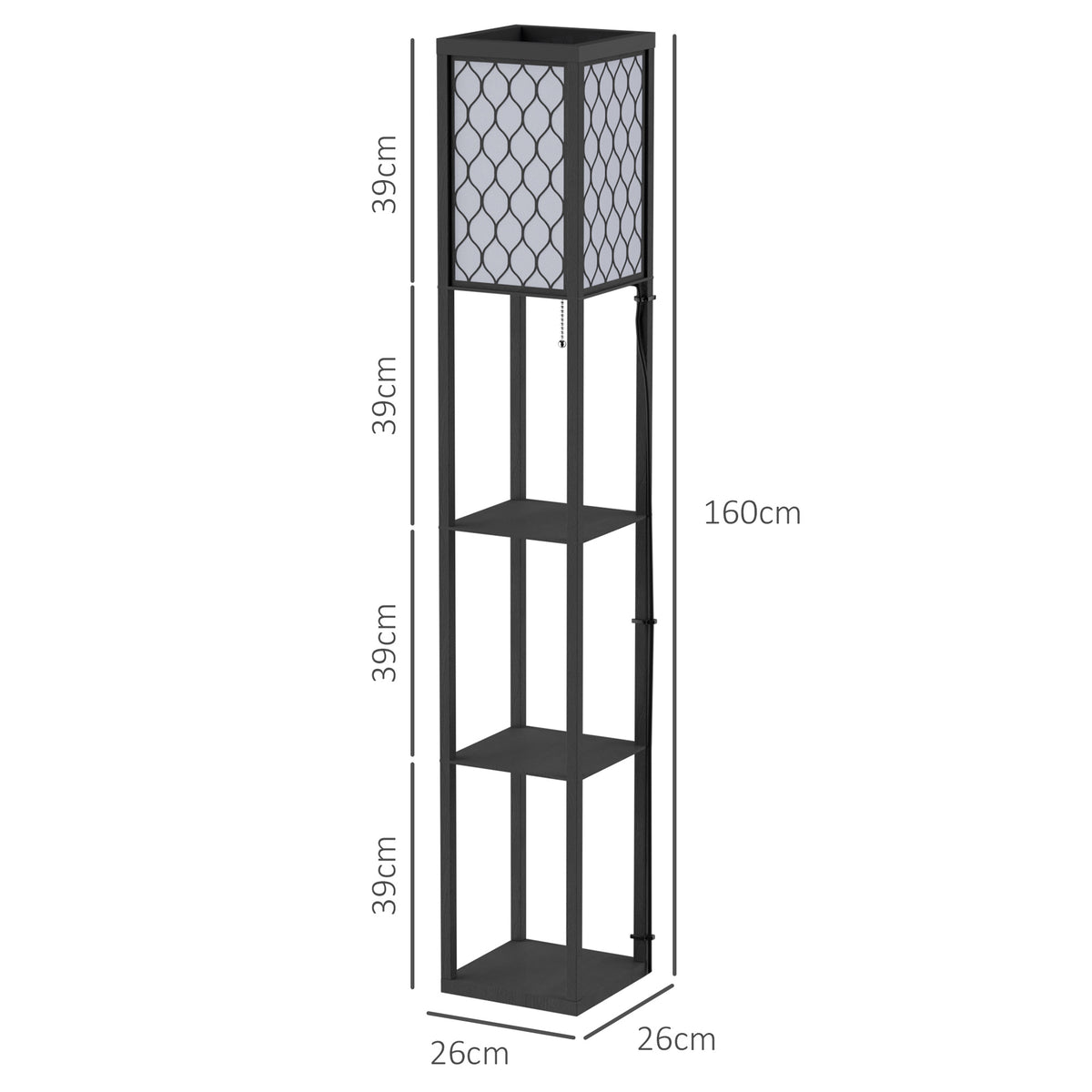 Black four-tier shelf floor lamp, 160 cm tall with square shelves