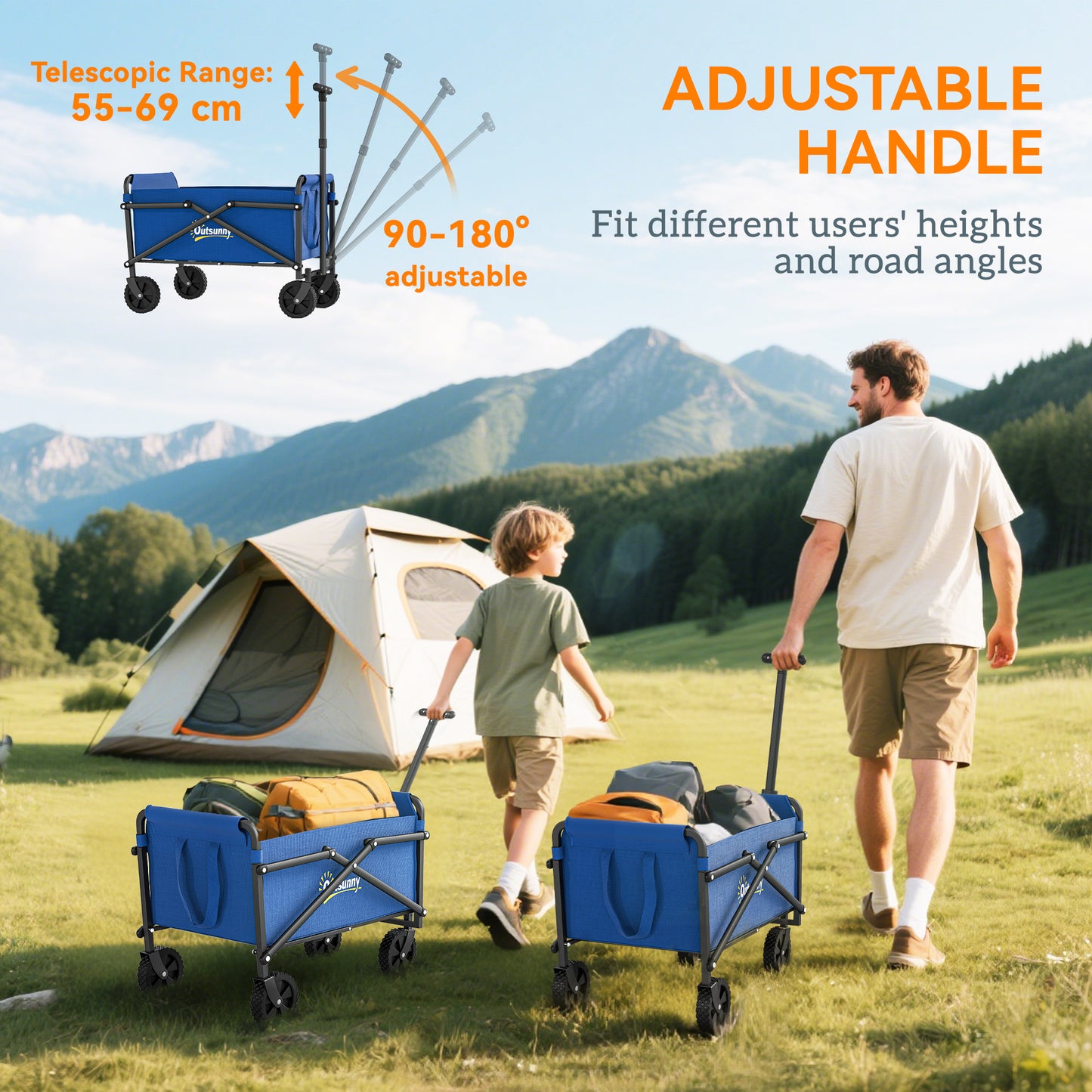 Outsunny 62L Festival Trolley on Wheels, Portable Small Folding Trolley Cart, 60kg Heavy Duty Collapsible Foldable Wagon with Adjustable Handle and Carrying Bag for Beach, Camping, Garden, Blue
