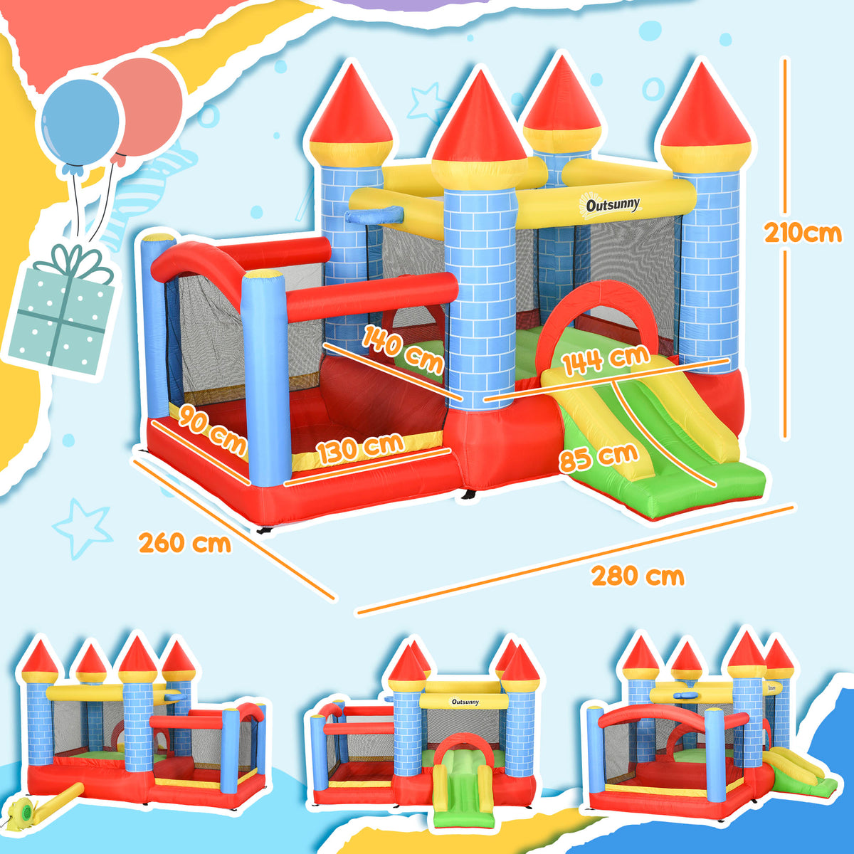 Inflatable bounce castle with slide, mesh walls and size measurements
