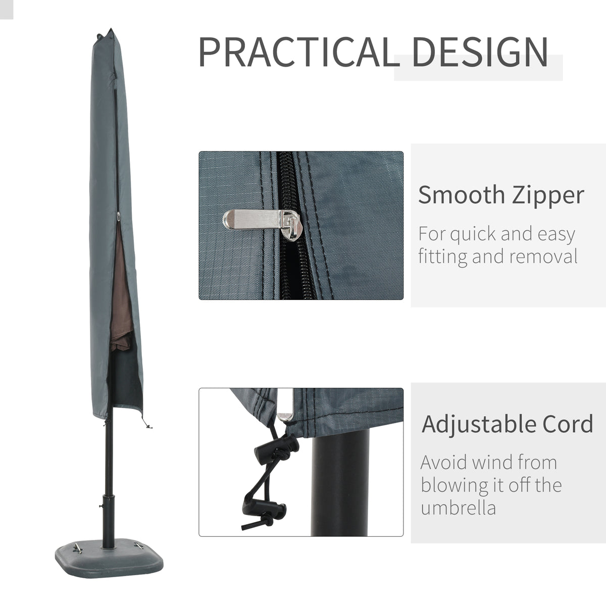 Outsunny gray cantilever umbrella cover with zipper opening and adjustable securing cord.