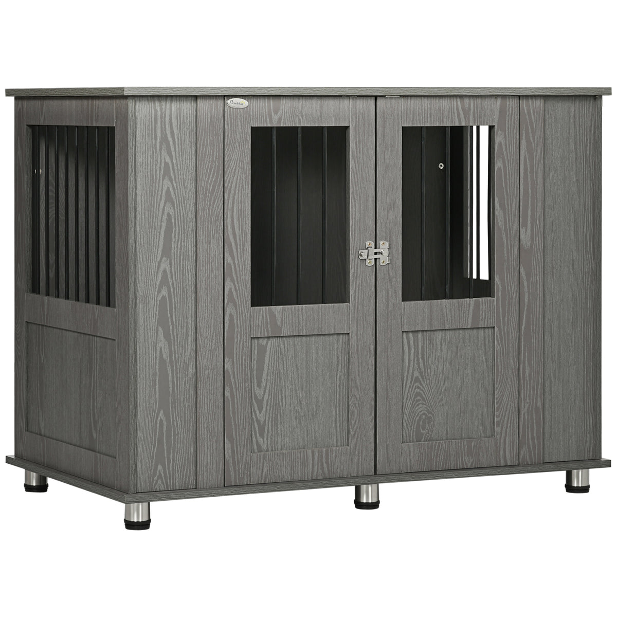 Grey wooden dog crate table with barred panels, double doors and adjustable feet