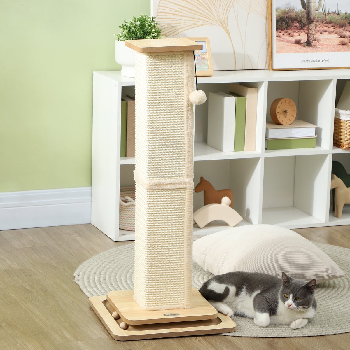 PawHut cat scratching post with tall sisal column, dangling ball and wooden ball-track base