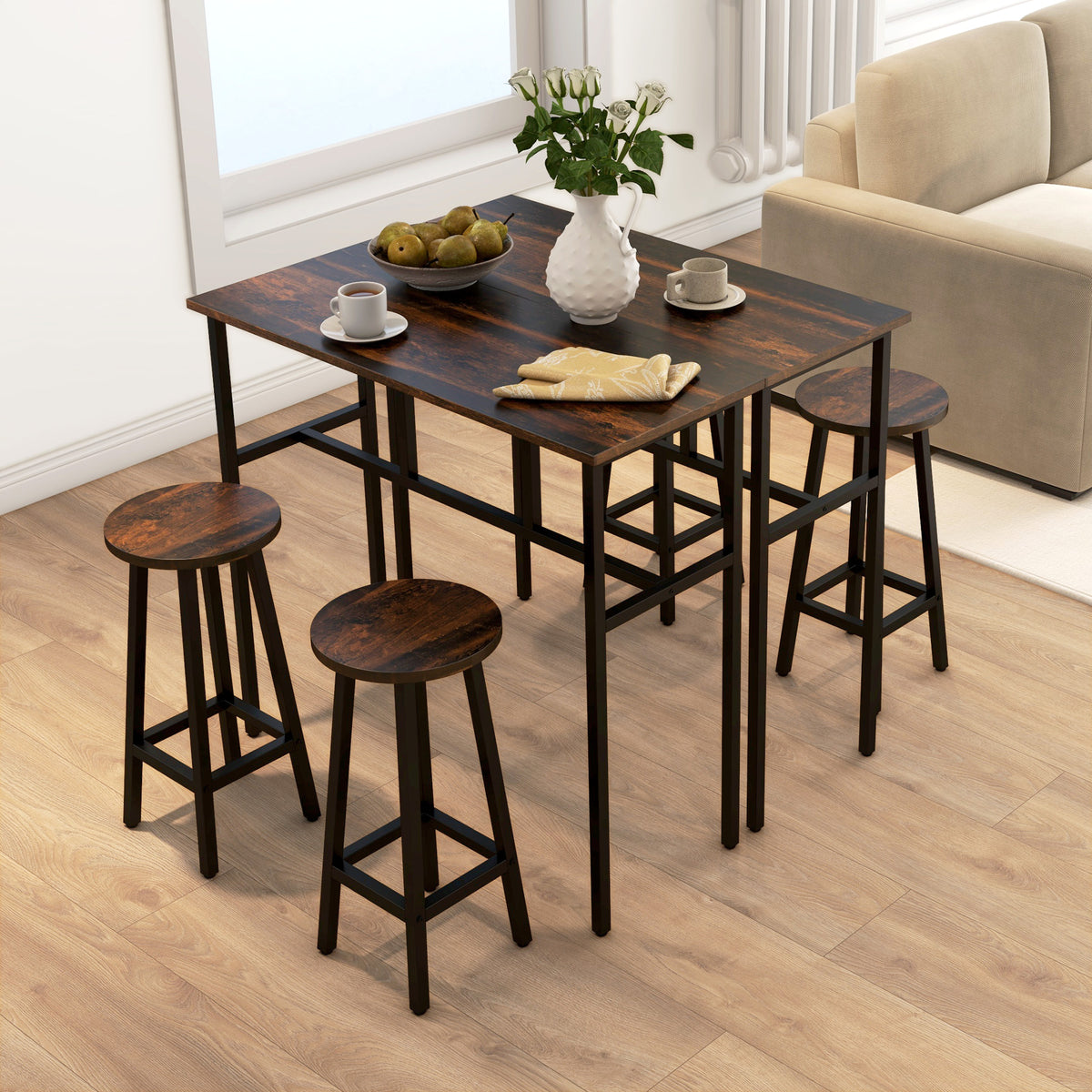 HOMCOM 6-Piece Industrial Bar Table Set, 2 Breakfast Tables with 4 Stools Brown