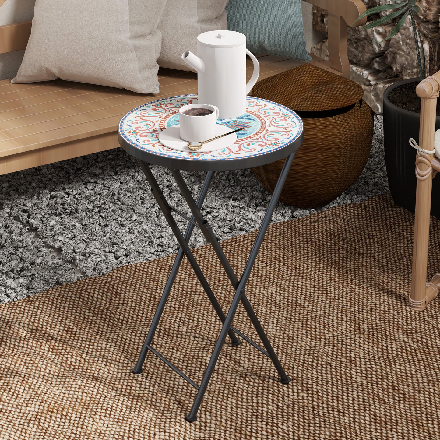 Outsunny Mosaic Outdoor Garden Table, 35.5cm Round Folding Coffee Table with Metal Frame for Balcony Terrace, Multicolour