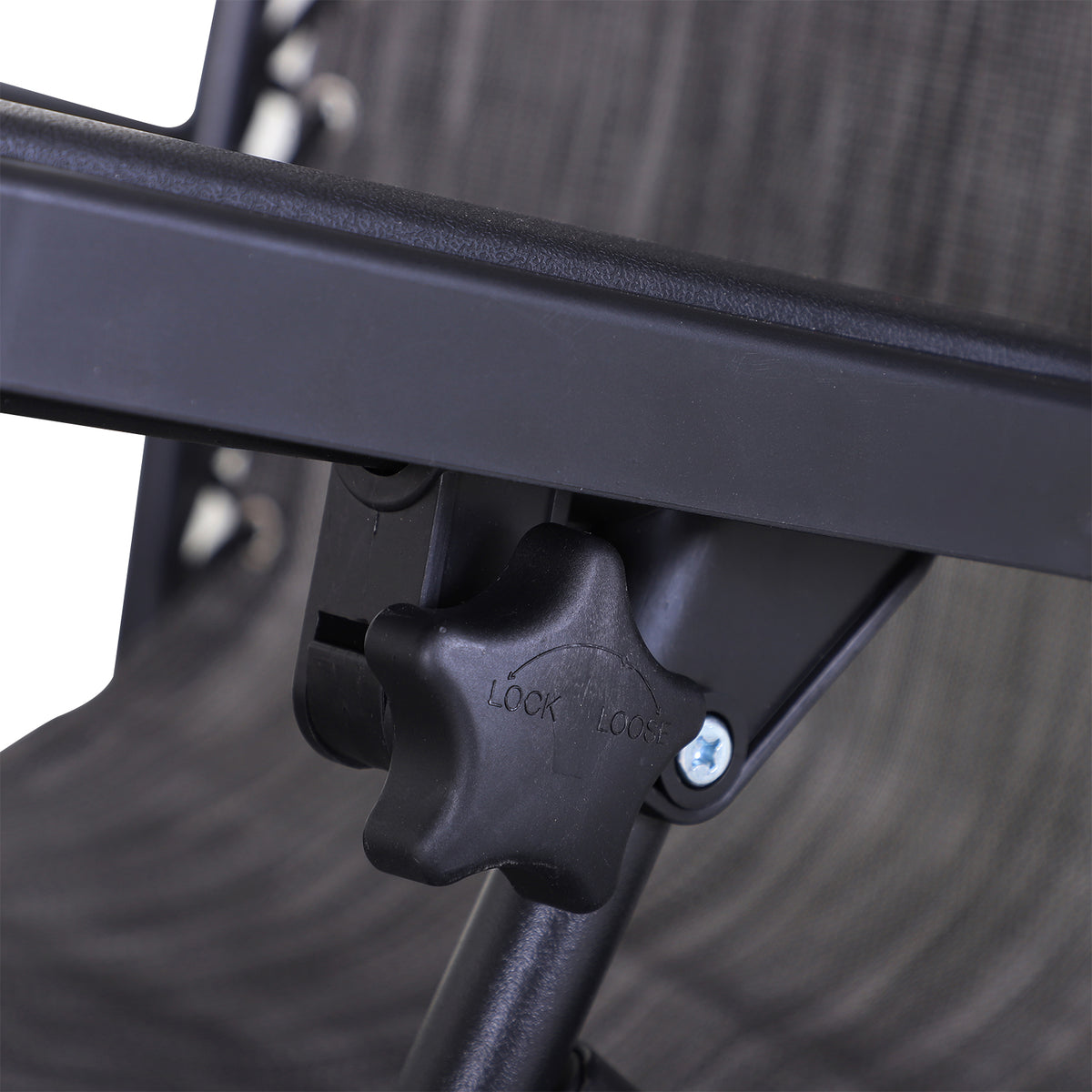 Close-up of the reclining chair's black locking adjustment knob