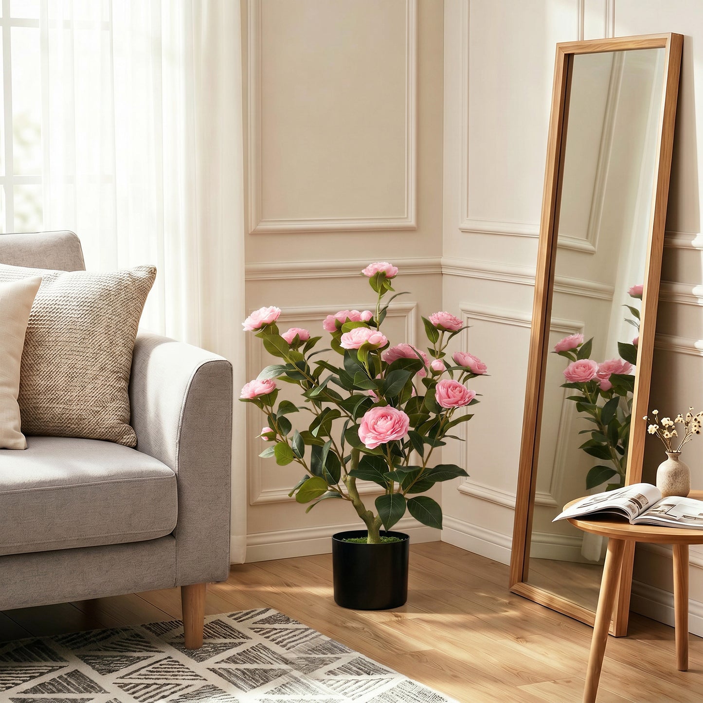 HOMCOM 65cm Artificial Camellia Flower Plant in Pot with 116 Lush Leaves & Moss Effect, Pink