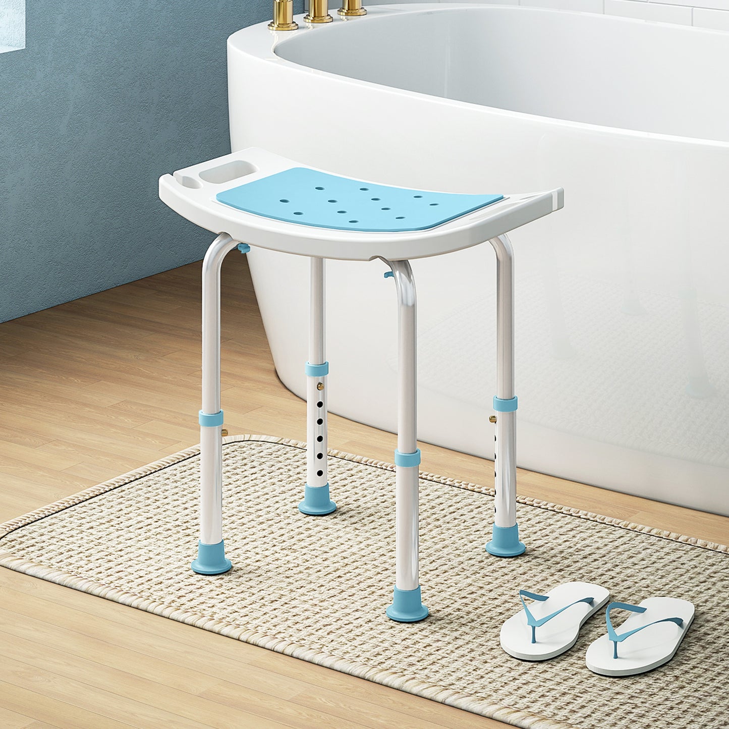 HOMCOM Shower Chair, Adjustable Height Shower Stool with Aluminium Frame and Non-Slip Feet, Bathtub Stool Seat with Padded Seat for Elderly Disabled Handicap, Turquoise