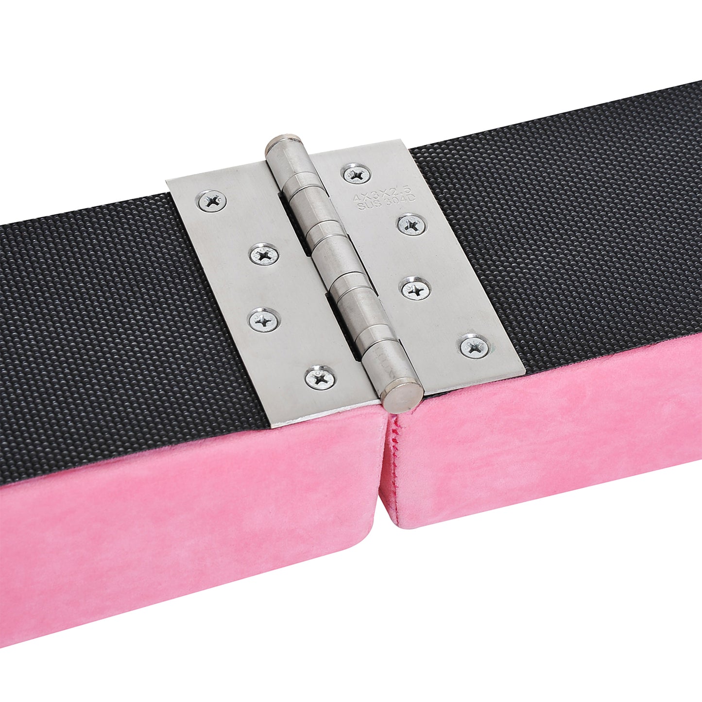 Close-up of metal hinge joining the pink balance beam sections