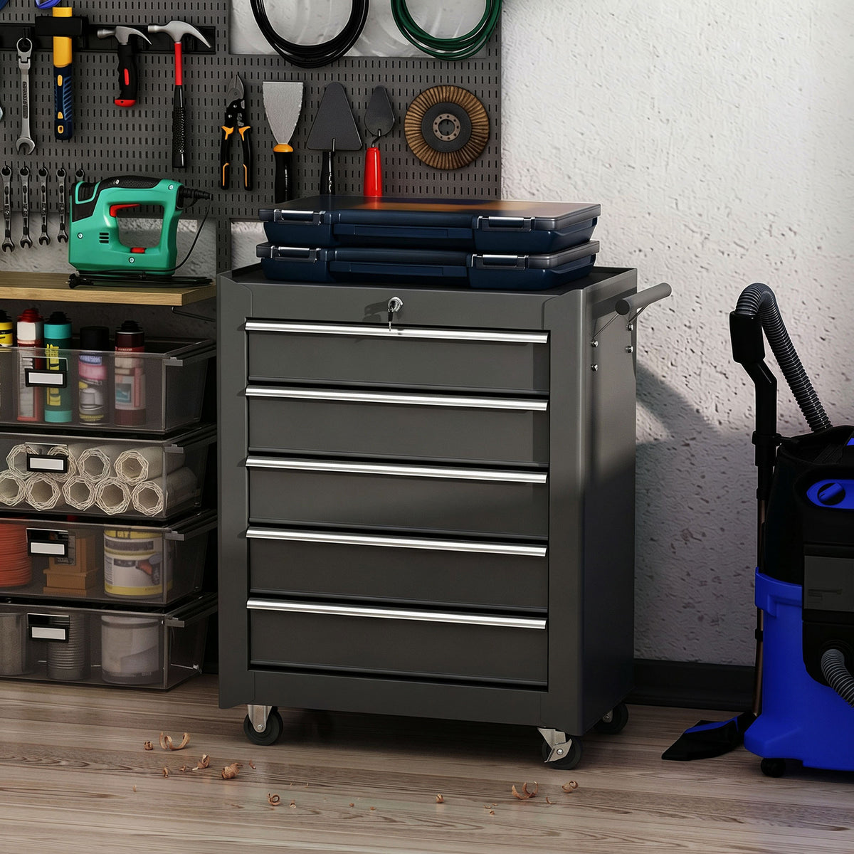 Black HOMCOM five-drawer rolling tool chest with closed drawers