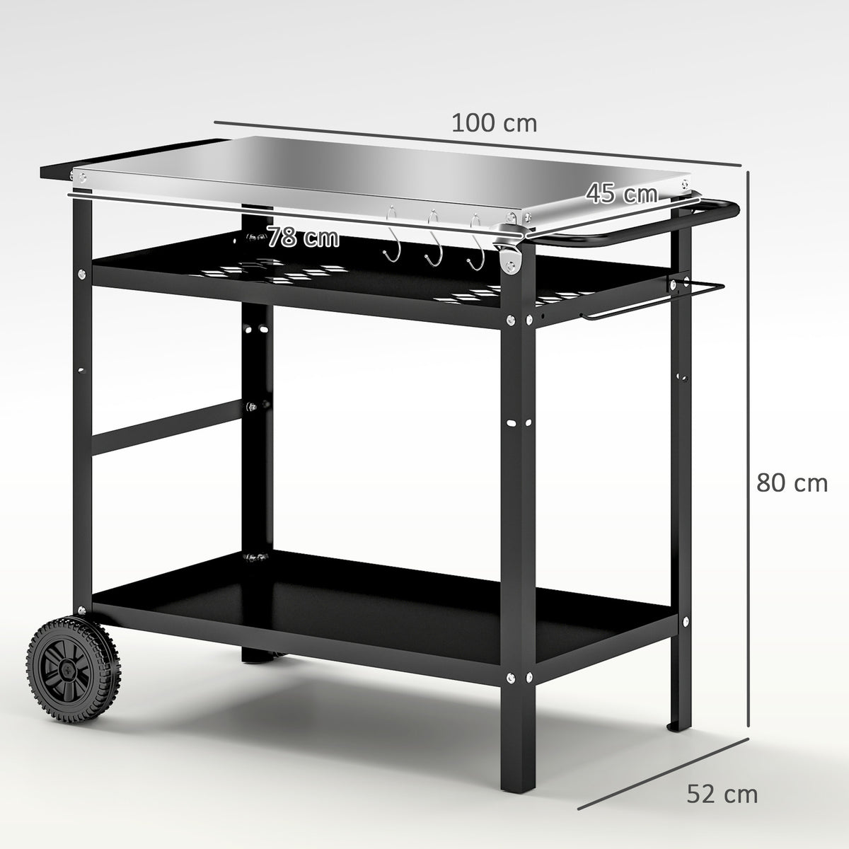 Barbecue cart with stainless steel top, two shelves and wheels; dimensions shown