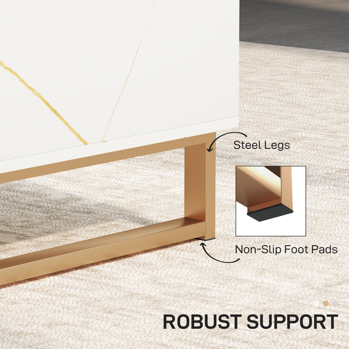 Close-up of the coffee table's gold-tone steel leg and non-slip foot pad