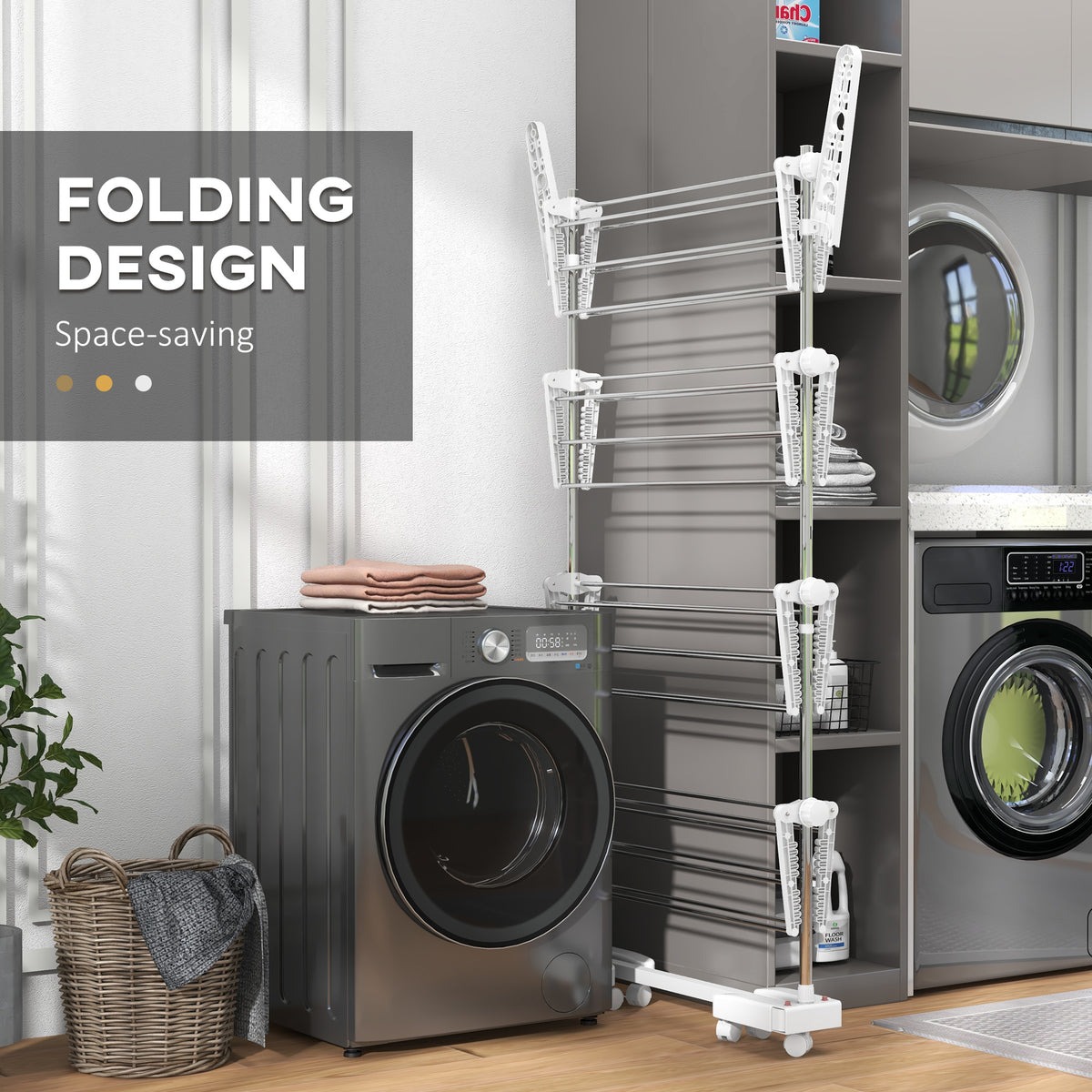 Folded white clothes drying rack with four hinged tiers and wheels, shown in a compact upright position.