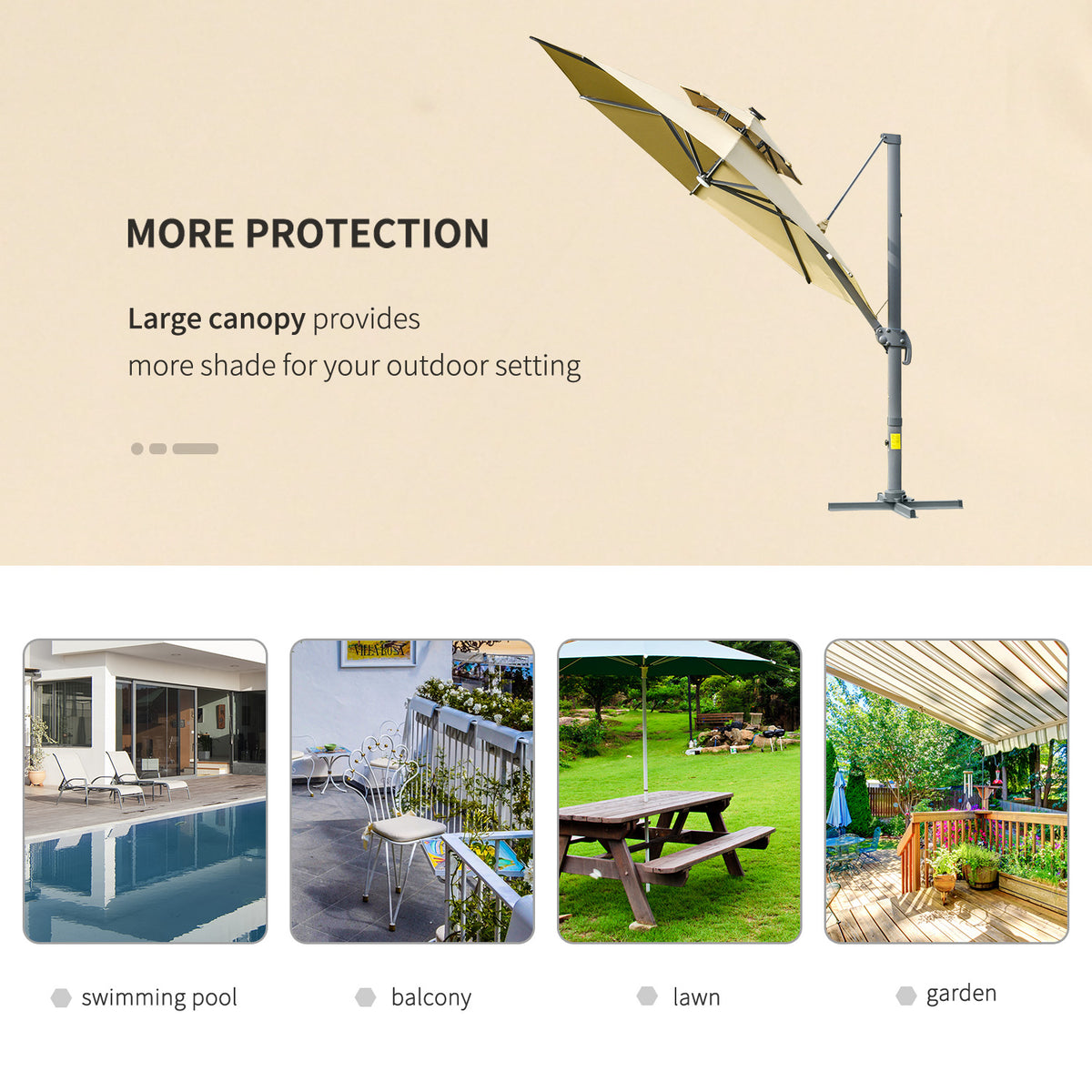 Outsunny 3m Cantilever Parasol with Solar Lights, Power Bank Base 360° Spin, Khaki