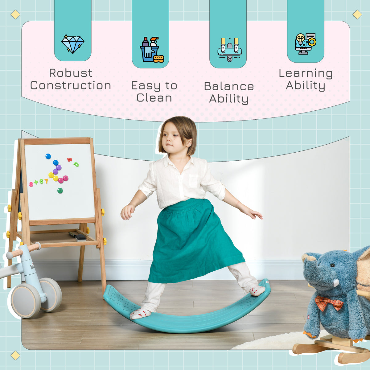 Blue kids' balance board shown in use for standing balance play