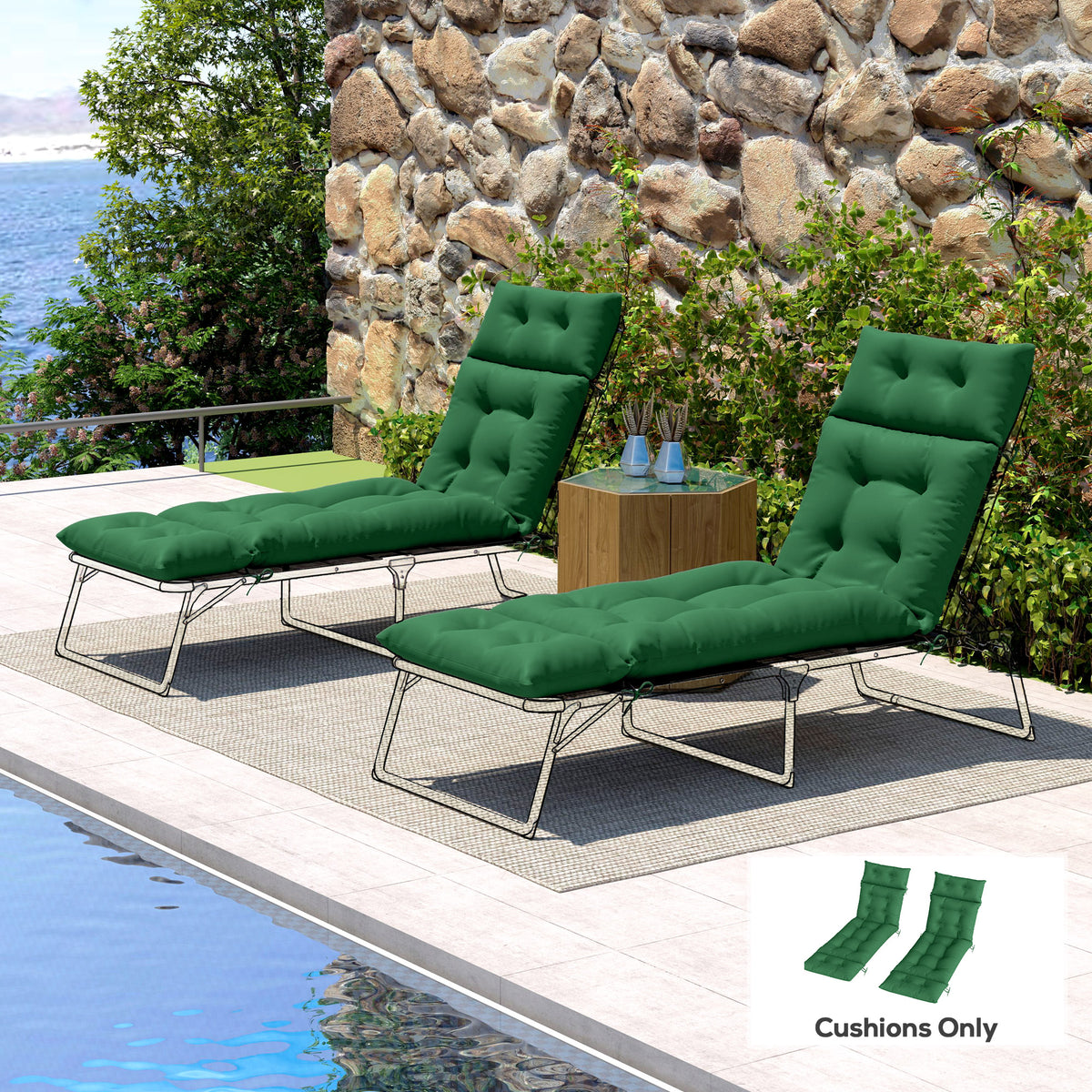 Outsunny Set of Two 190 x 56cm Sun Lounger Cushions - Green
