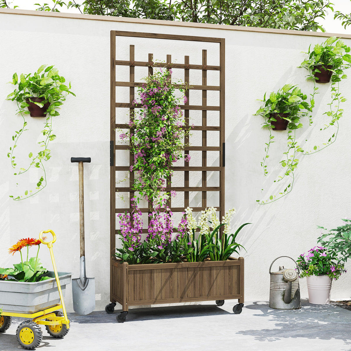 Outsunny wooden trellis planter with flowers and climbing vine