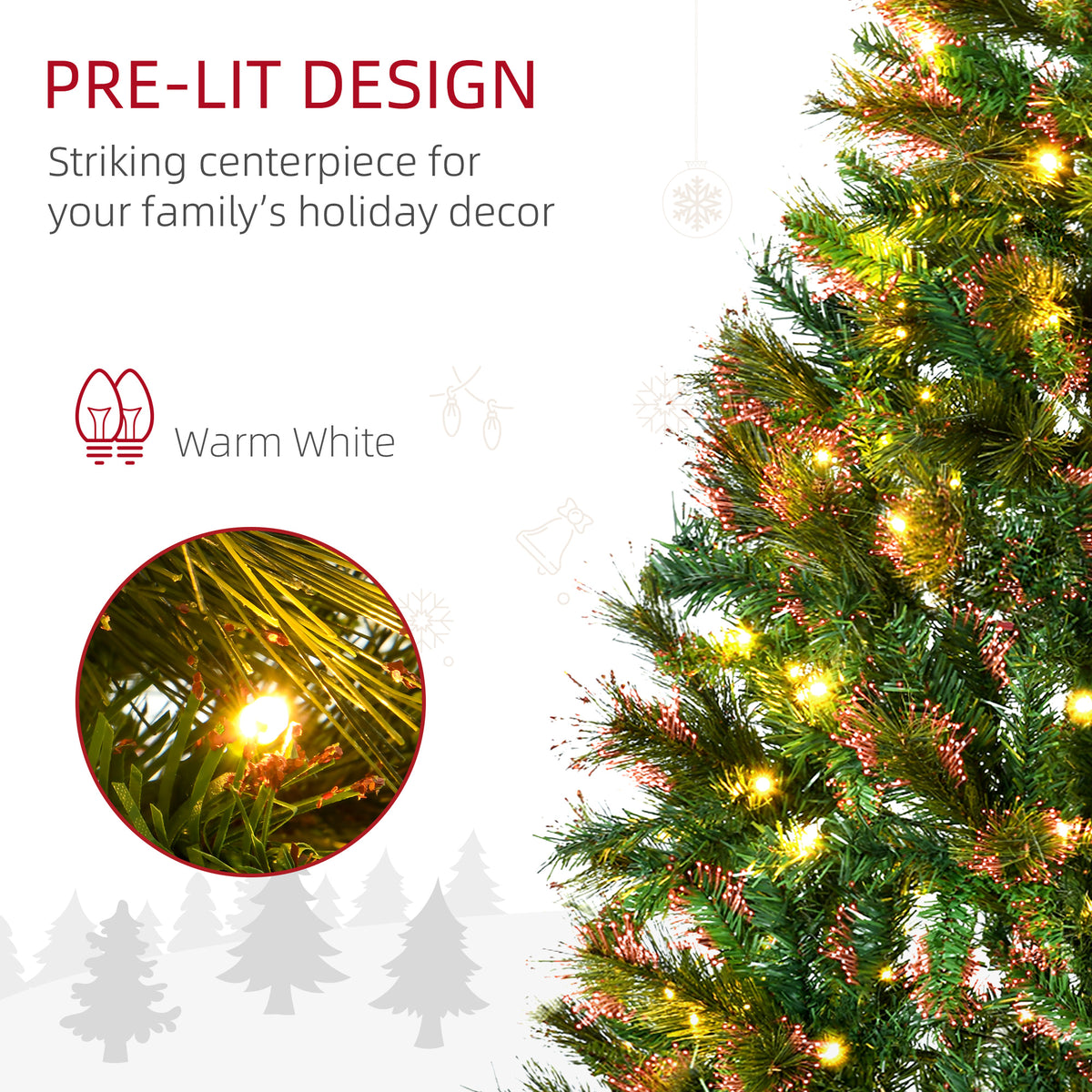 Close-up of green spruce branches with warm white LED lights