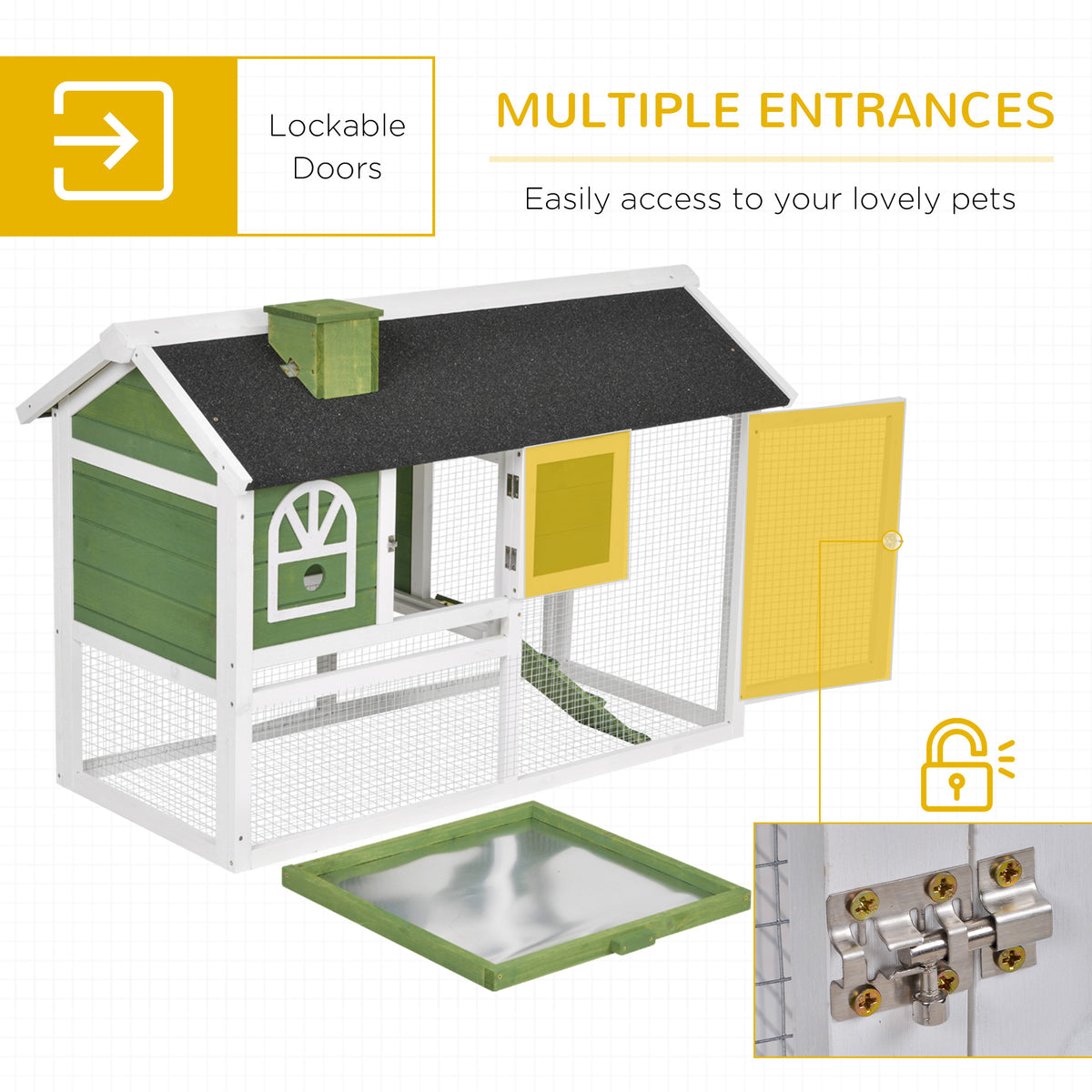 Rabbit hutch with open lockable doors and a removable metal cleaning tray.