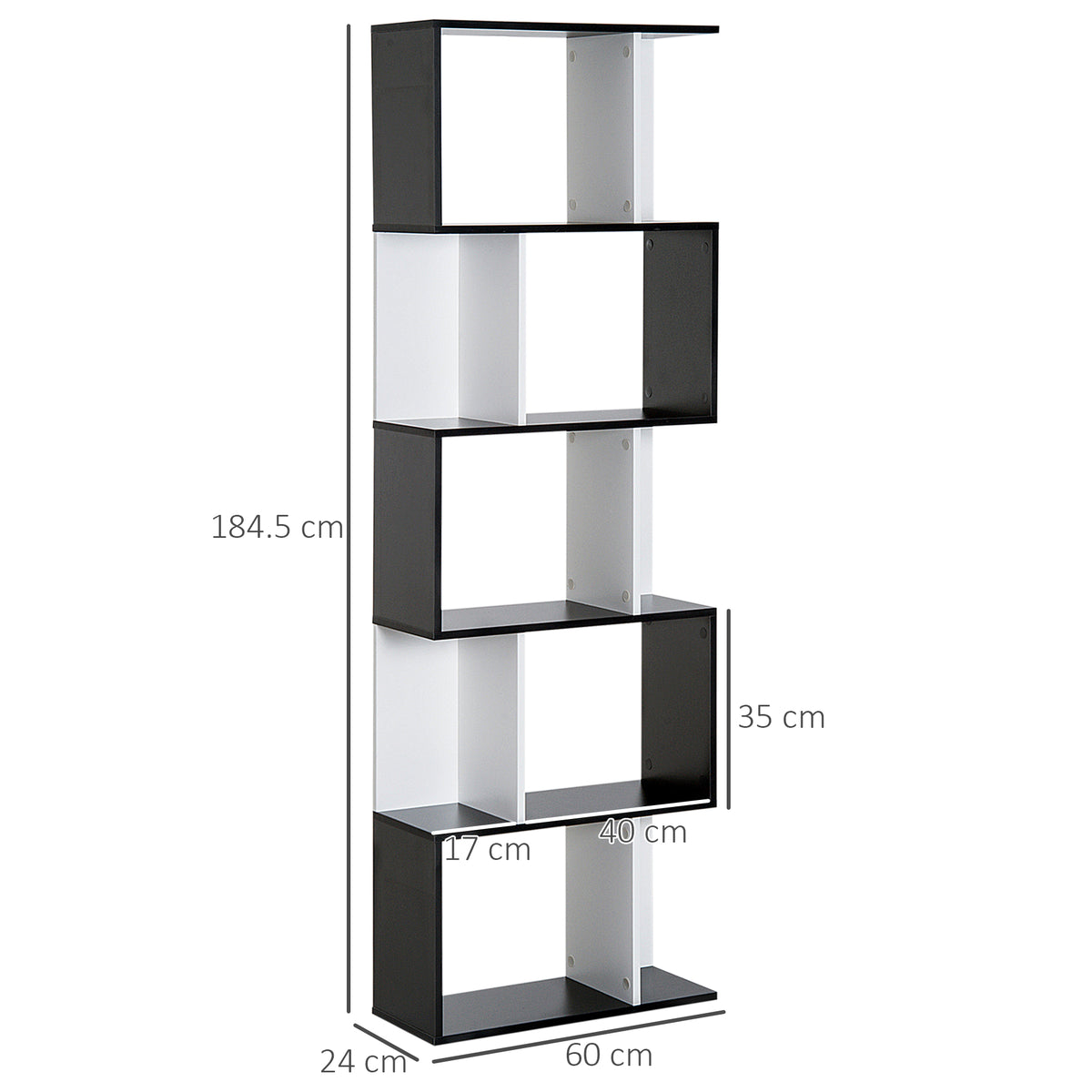 Black and white S-shaped bookshelf with dimensions marked: 184.5 cm tall and 60 cm wide