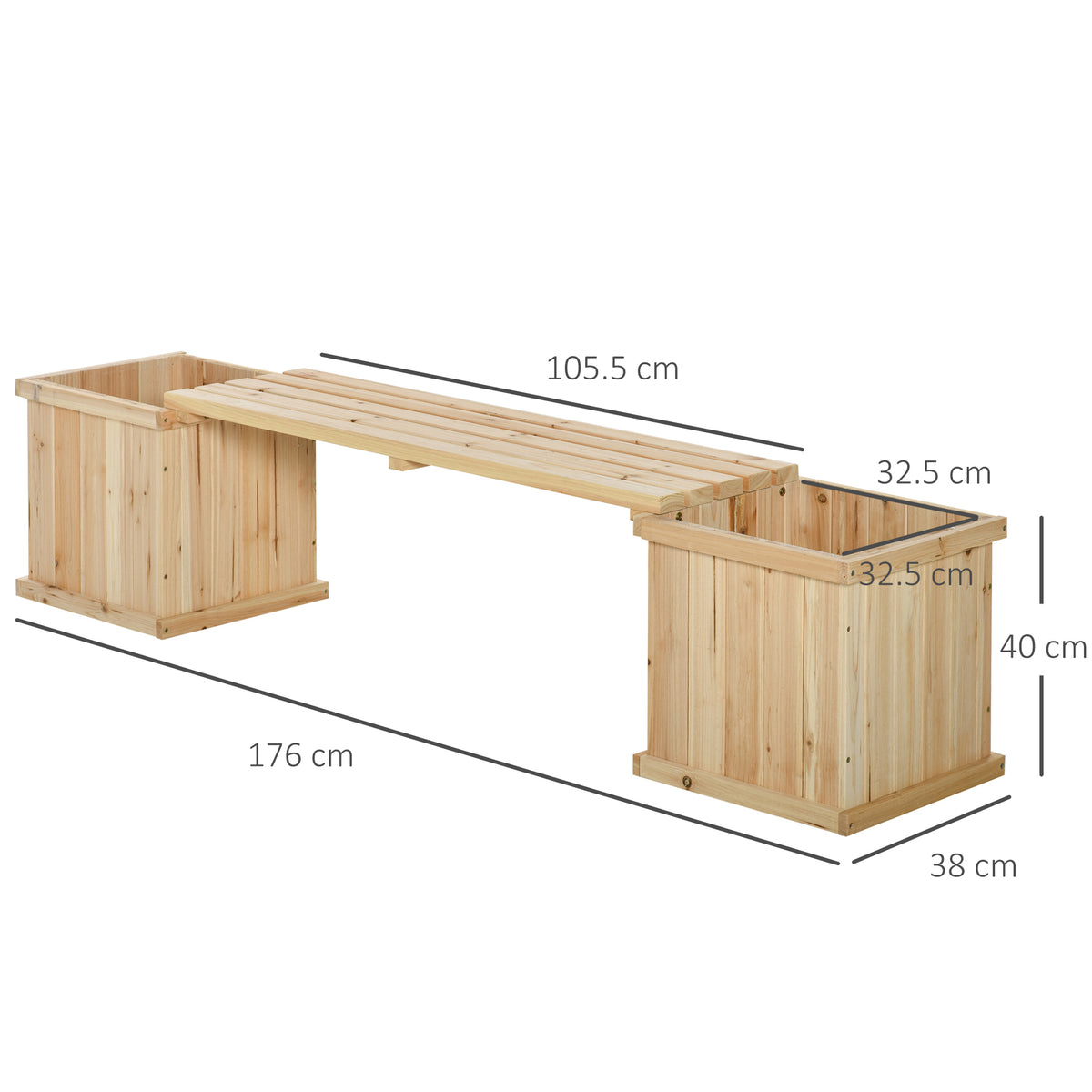 Outsunny wooden planter bench with dimensions marked: 176 cm long, 38 cm wide, 40 cm high
