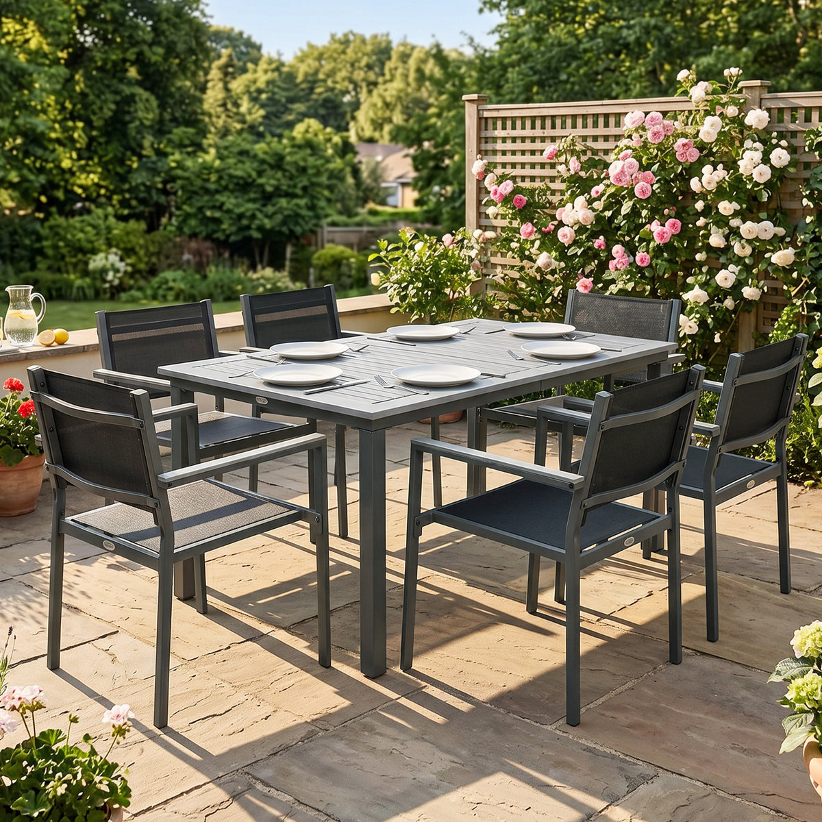Outsunny Garden Dining Set with Acacia Wood Table Top, Outdoor Table and Stackable Chairs Set for 6 with Texteline Seat, Grey
