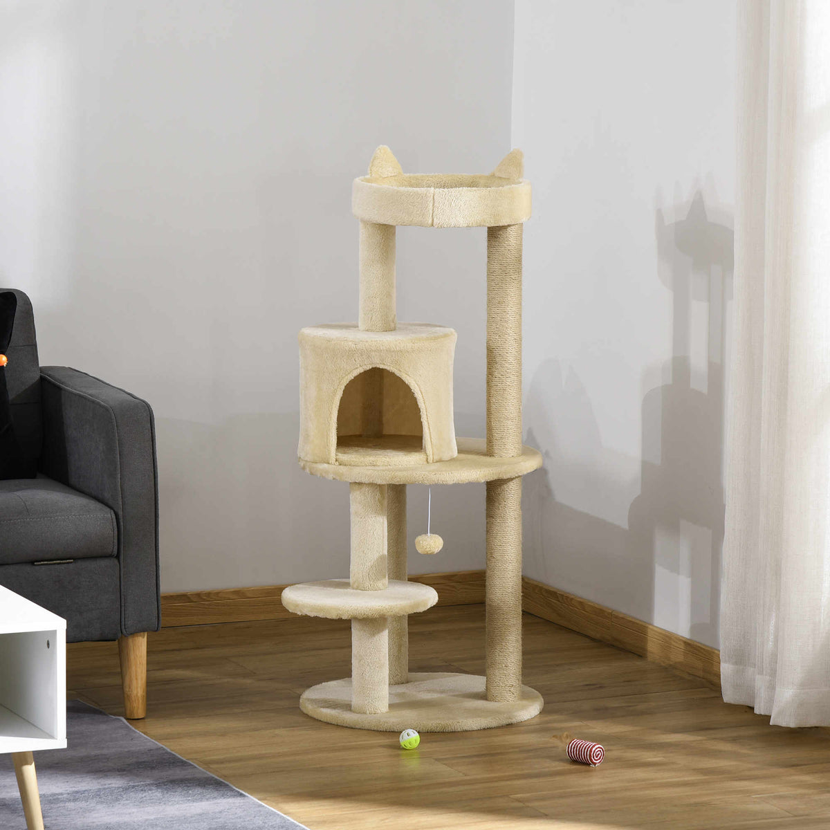 PawHut 104 cm Cat Tree, Cat Condo Tree Tower, Cat Activity Centre with Scratching Posts, Plush Perches, Hanging Ball - Cream White