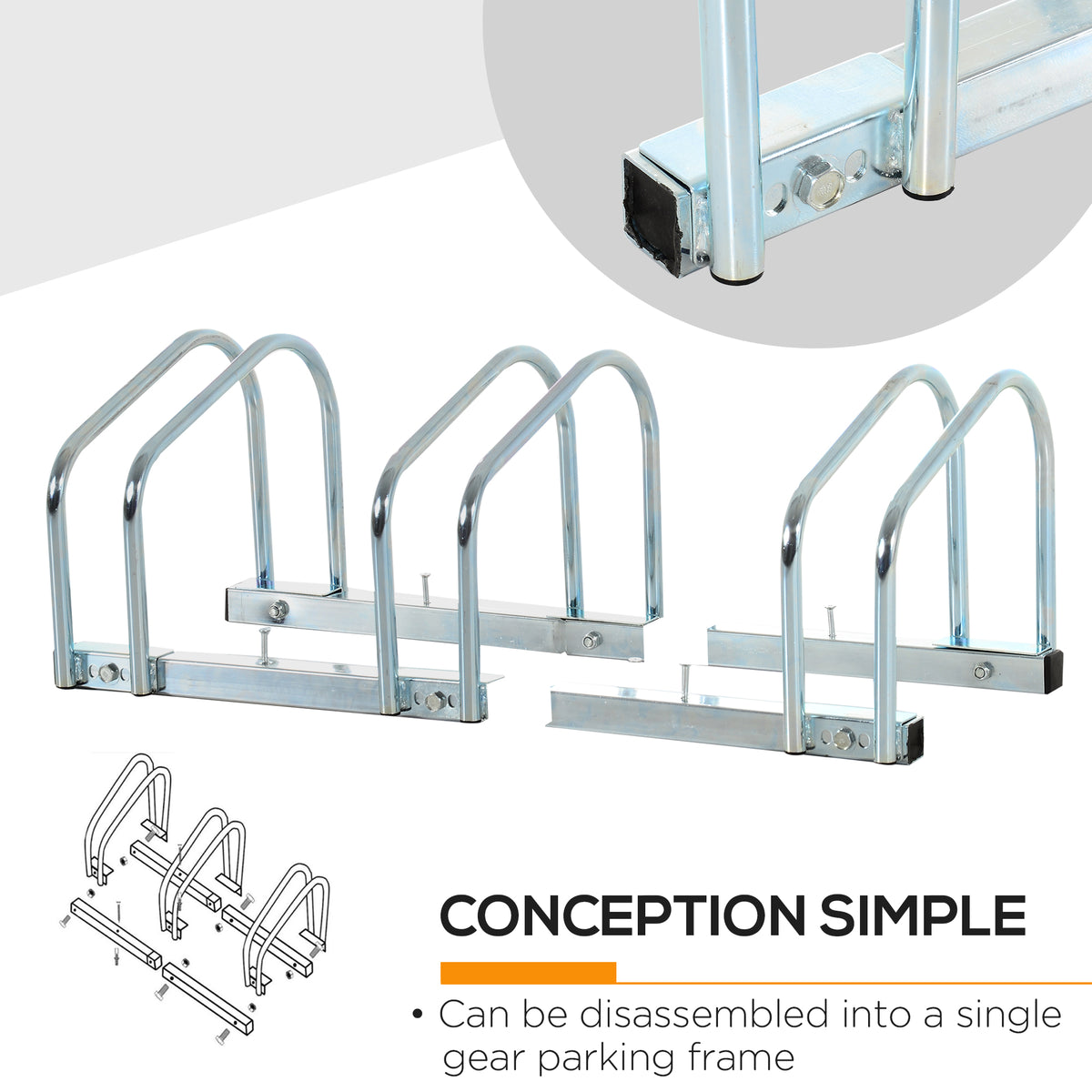 Silver bike rack shown disassembled into sections with a close-up of the frame joint