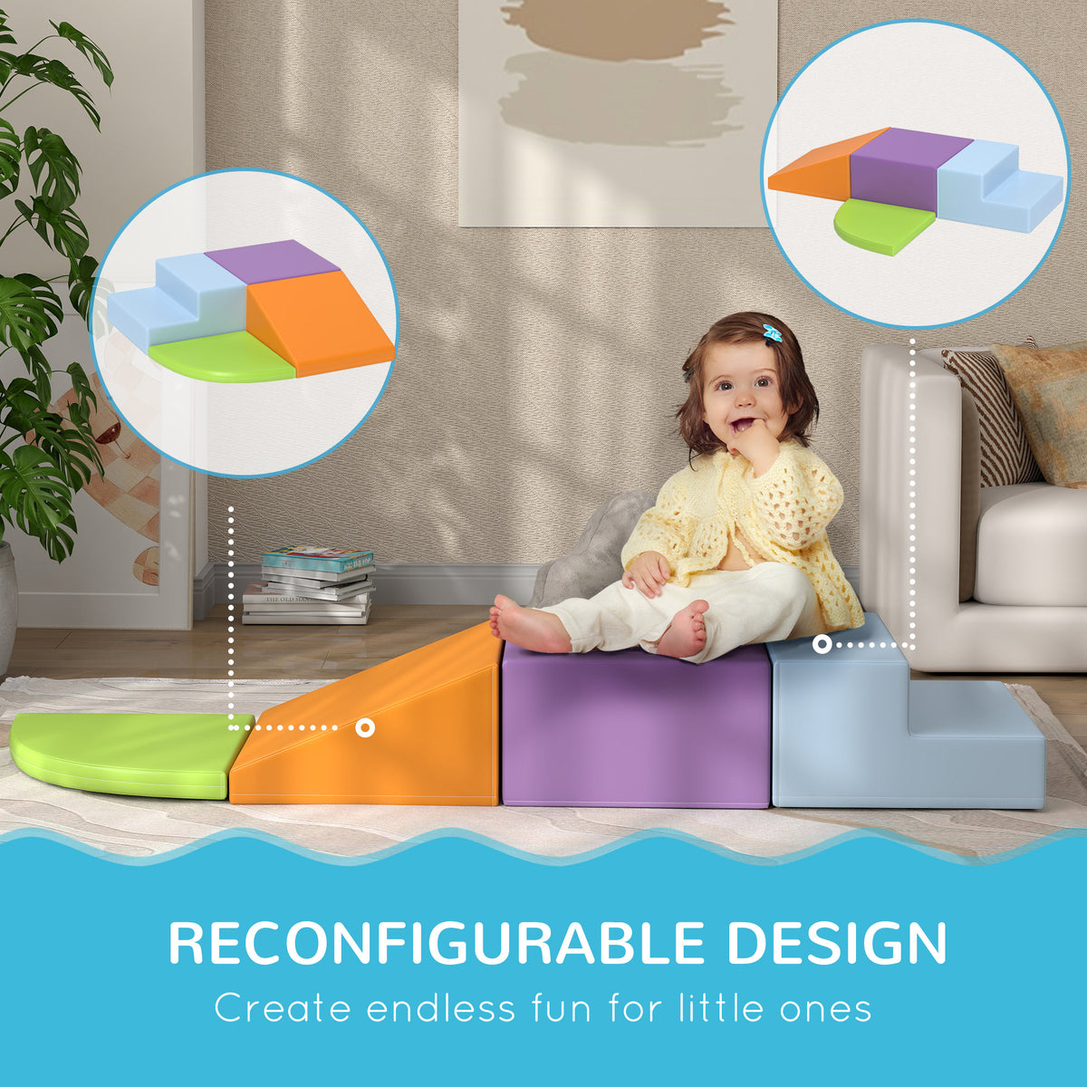 Toddler foam play set rearranged into a row with green pad, orange ramp, purple block, and blue steps