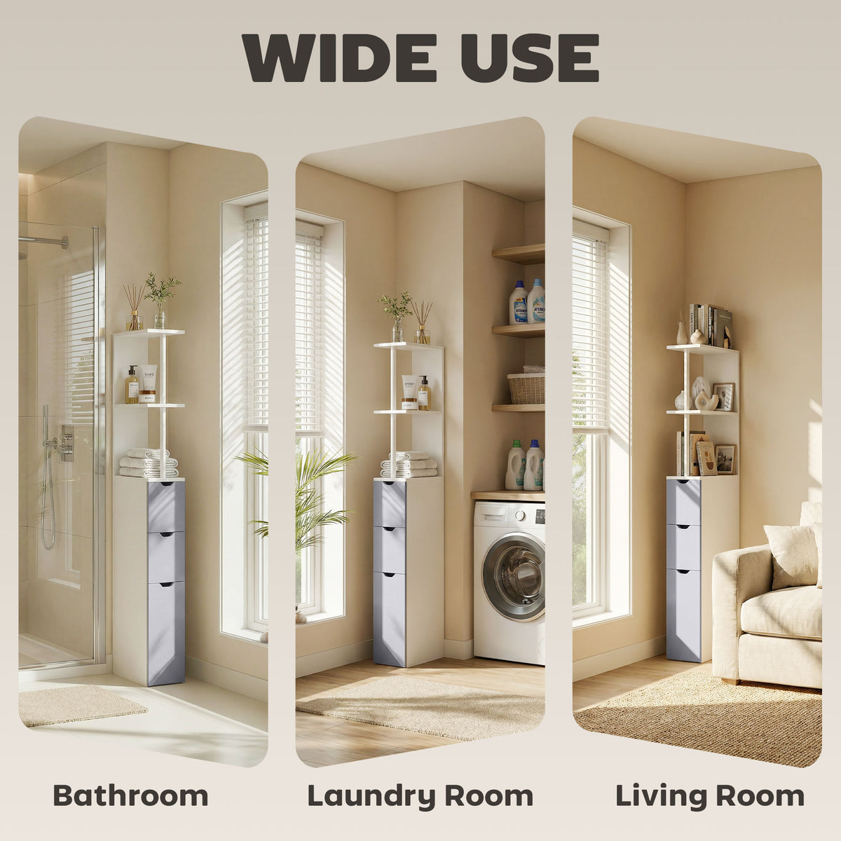 HOMCOM Tall Bathroom Cabinet, Freestanding Slim Bathroom Storage Cabinet with 2-Tier Open Shelf and 2 Drawers for Small Space, Narrow Cupboard Storage Unit, White and Grey
