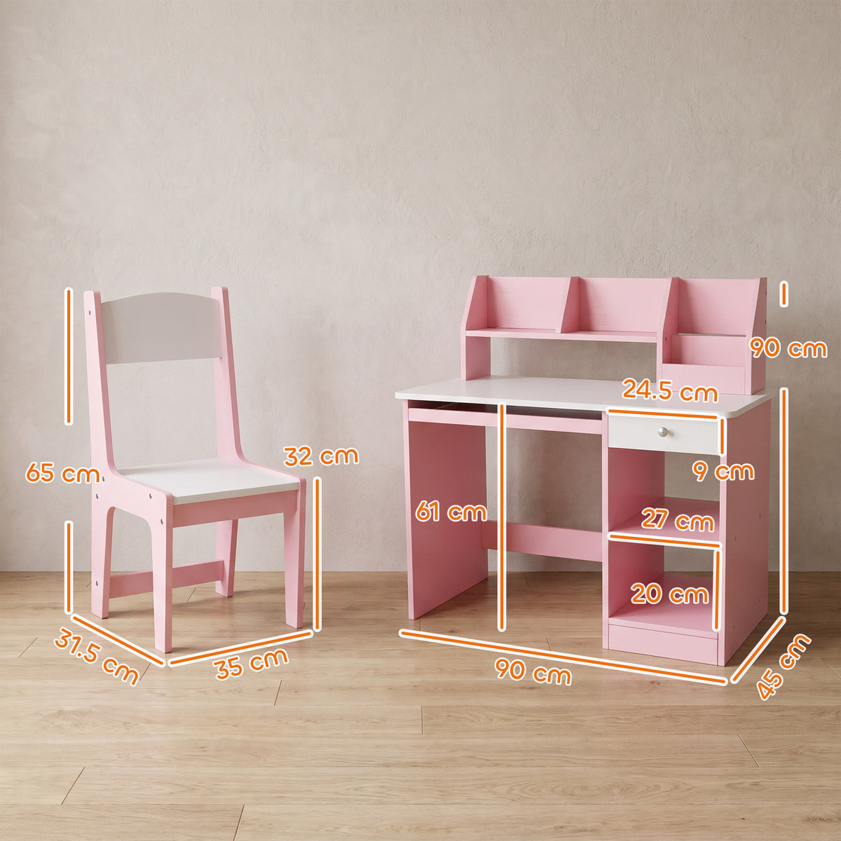 Pink kids' desk and chair set with dimensions labeled for the desk and chair