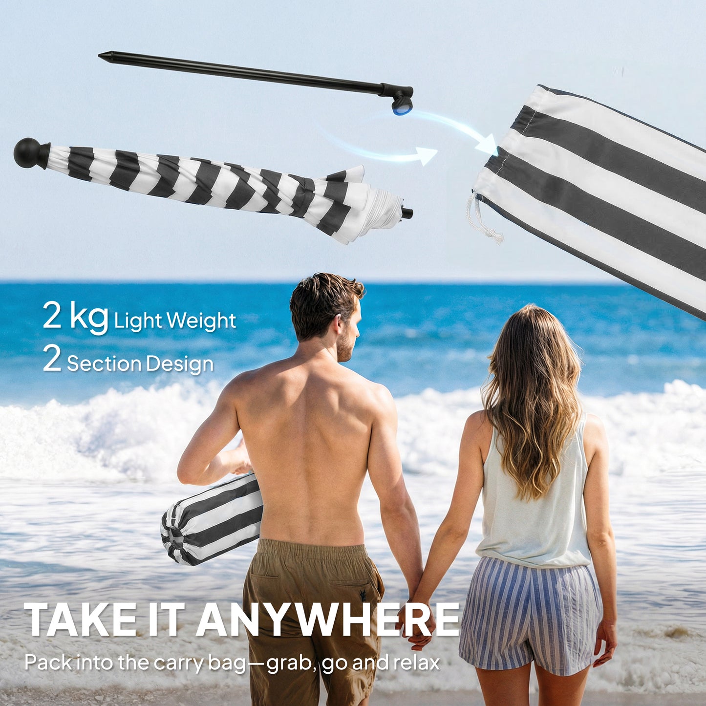 Outsunny 1.8 m Beach Umbrella Parasol with Sand Anchor, Portable 30° Tilting Patio Sun Shade with Adjustable Height, Grey/White