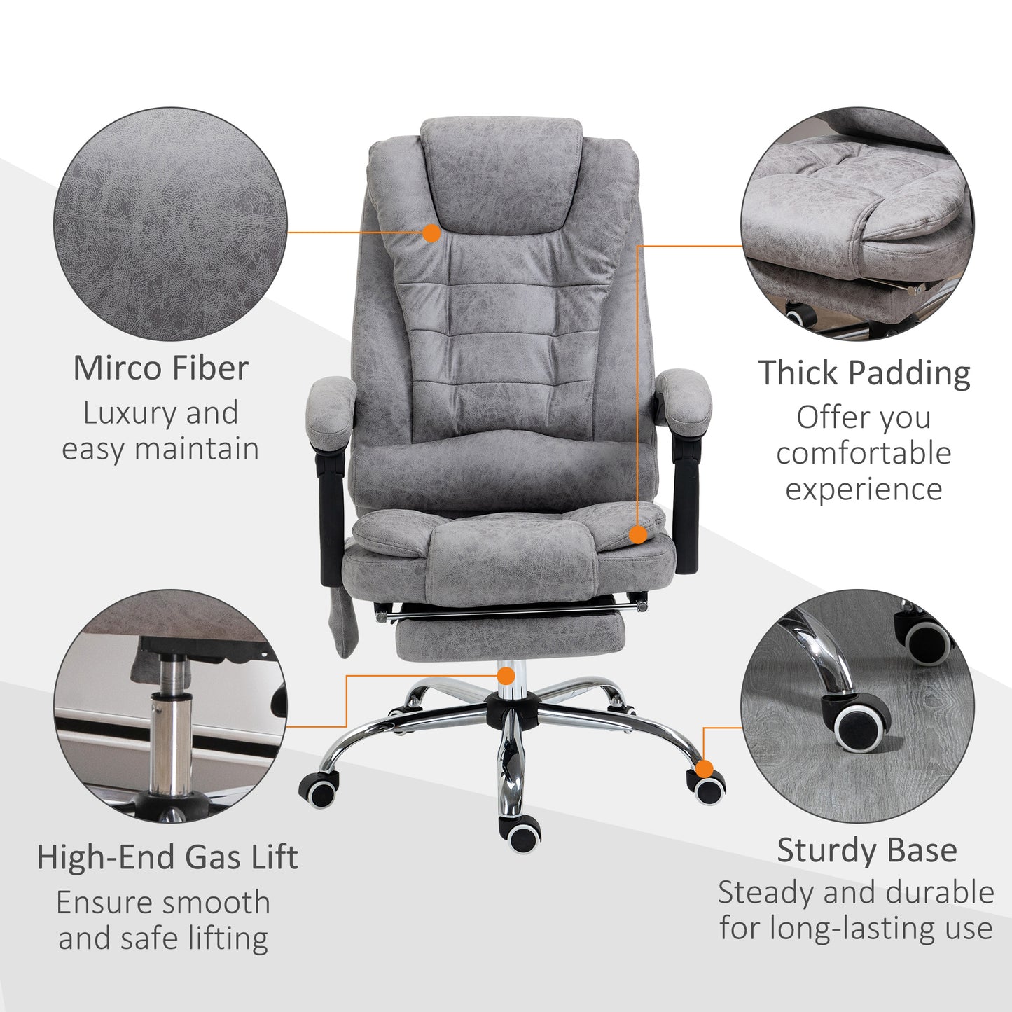 Vinsetto Heated 6 Points Vibration Massage Executive Office Chair, Adjustable Swivel Ergonomic High Back Desk Chair Recliner with Footrest, Grey