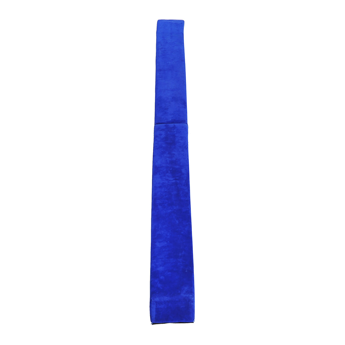 Blue balance beam viewed from above, showing its length and center fold.